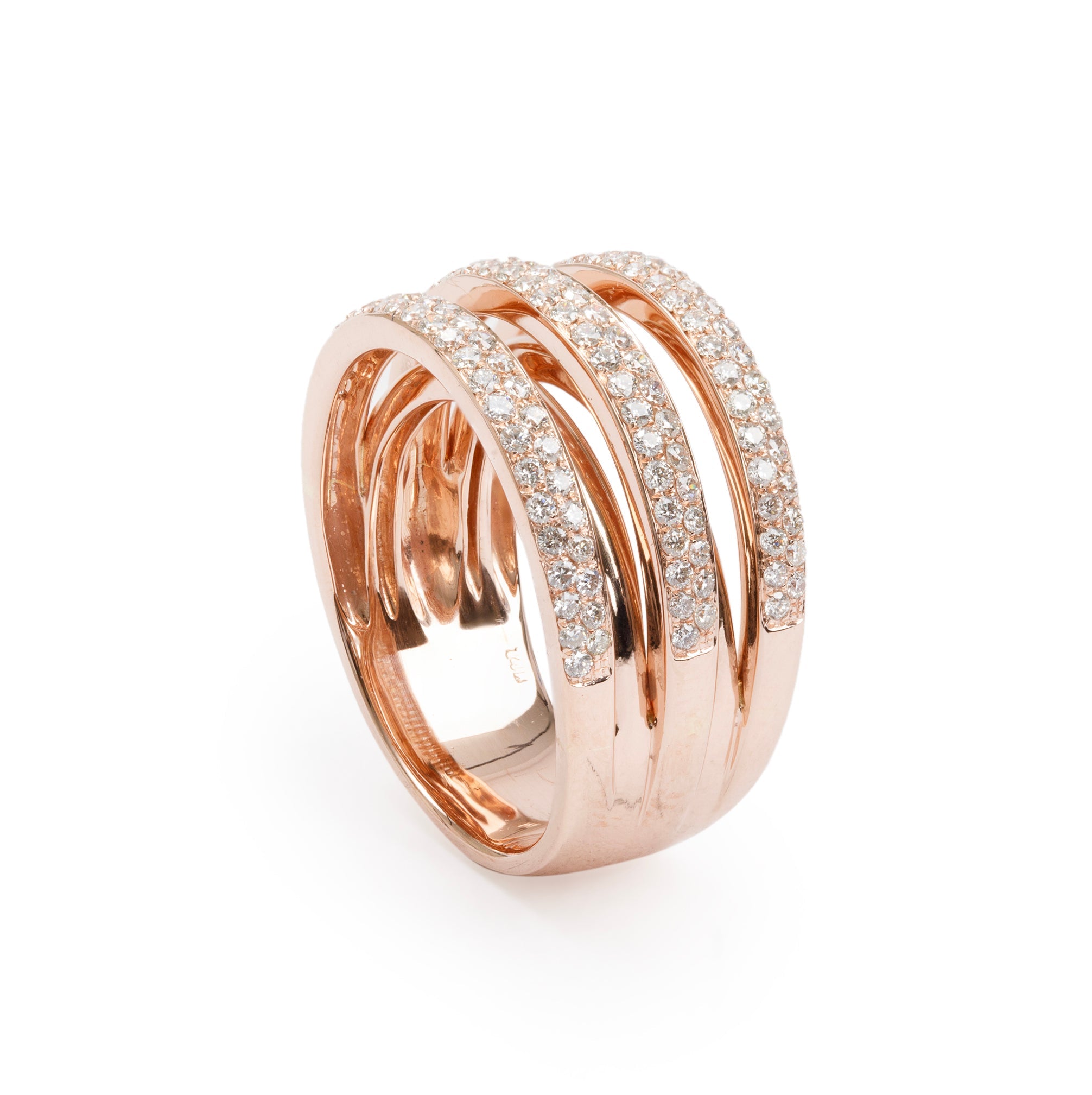 14k Rose Gold Pave Diamond Triple Ribbed Ring, Size 8