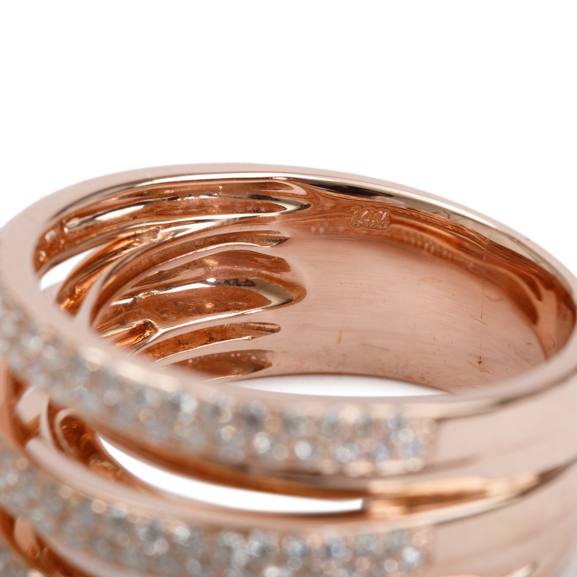 14k Rose Gold Pave Diamond Triple Ribbed Ring, Size 8