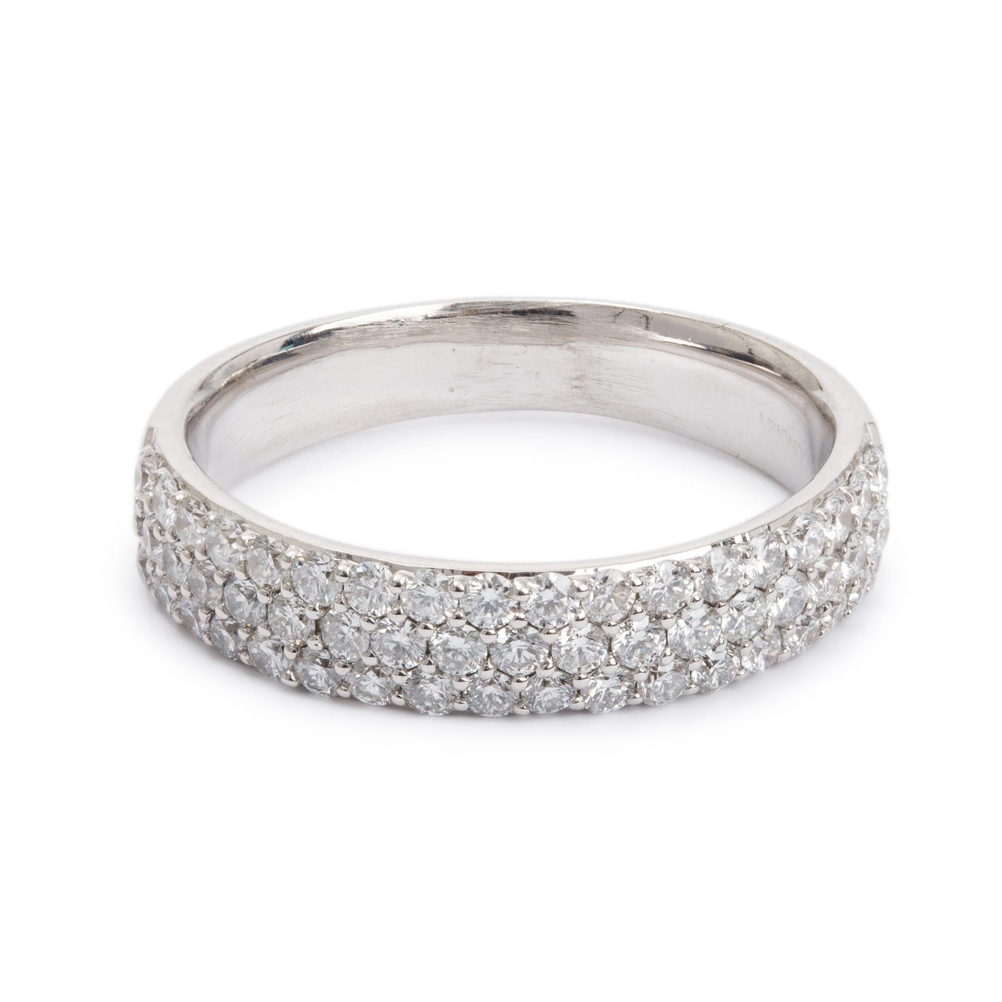 14k White Gold 1.06 tcw. Three-Row Pave Diamond Band Ring, Size 8.25
