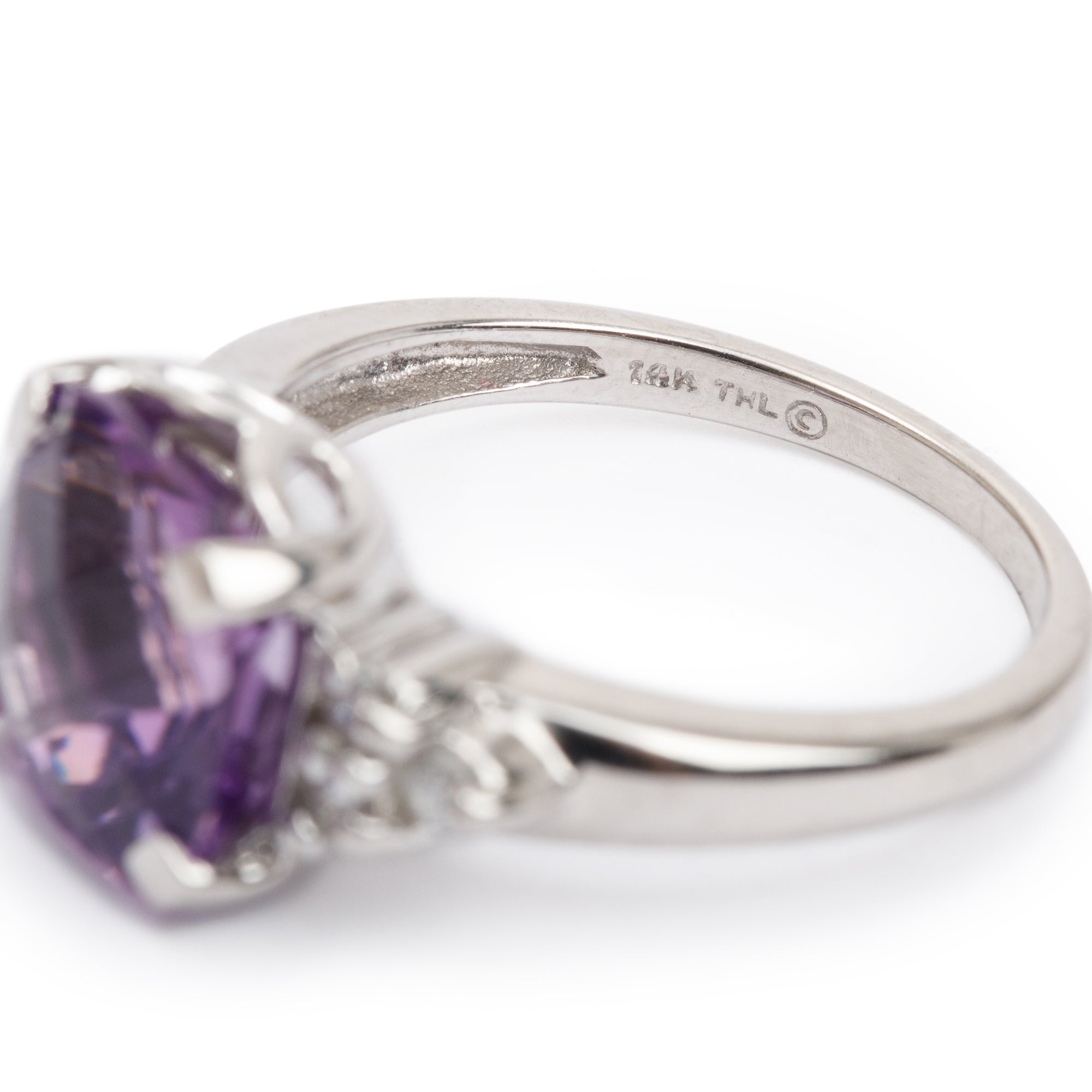 14k White Gold Amethyst & Diamond Cocktail Ring, Size 6.75