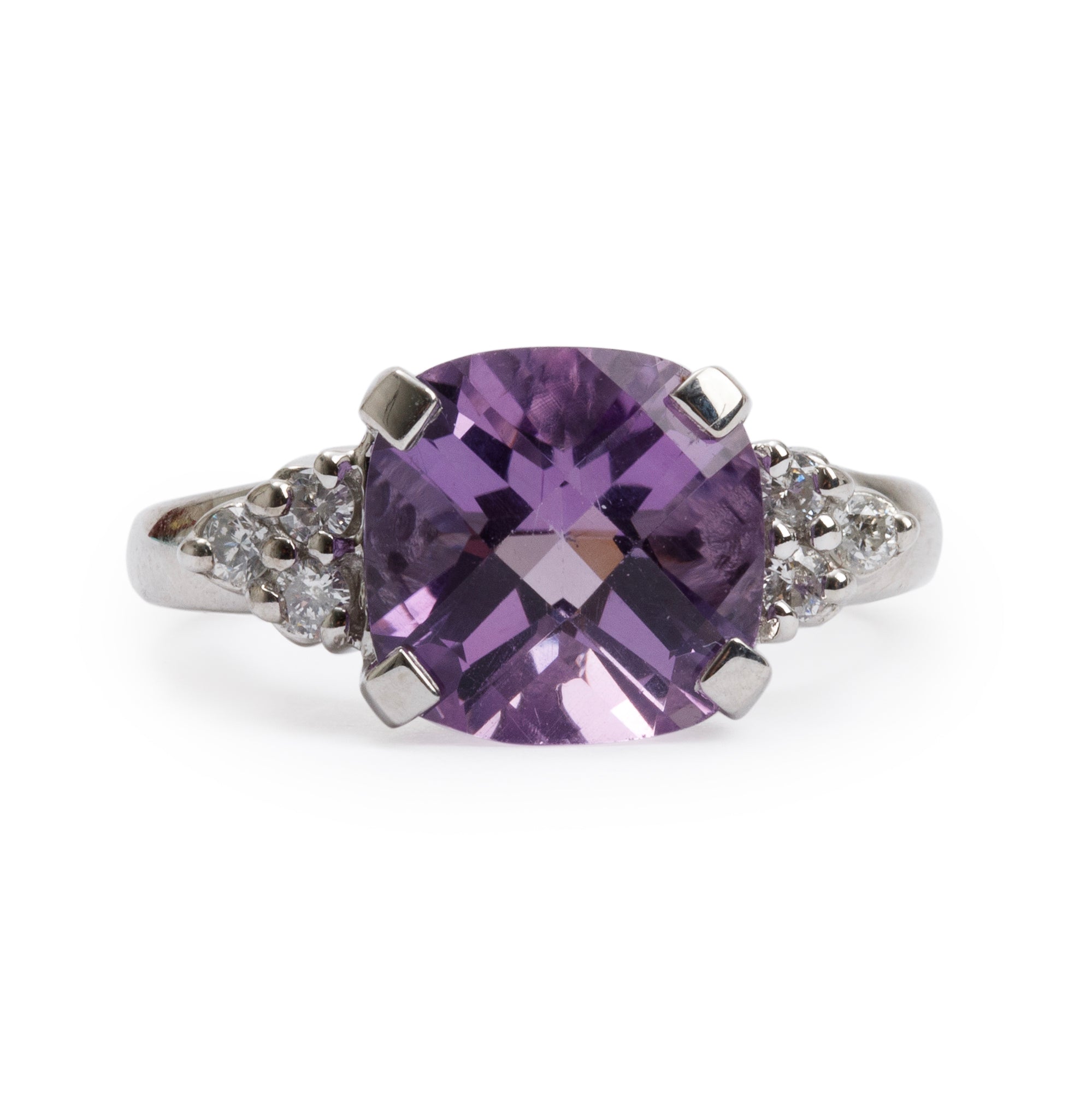 14k White Gold Amethyst & Diamond Cocktail Ring, Size 6.75