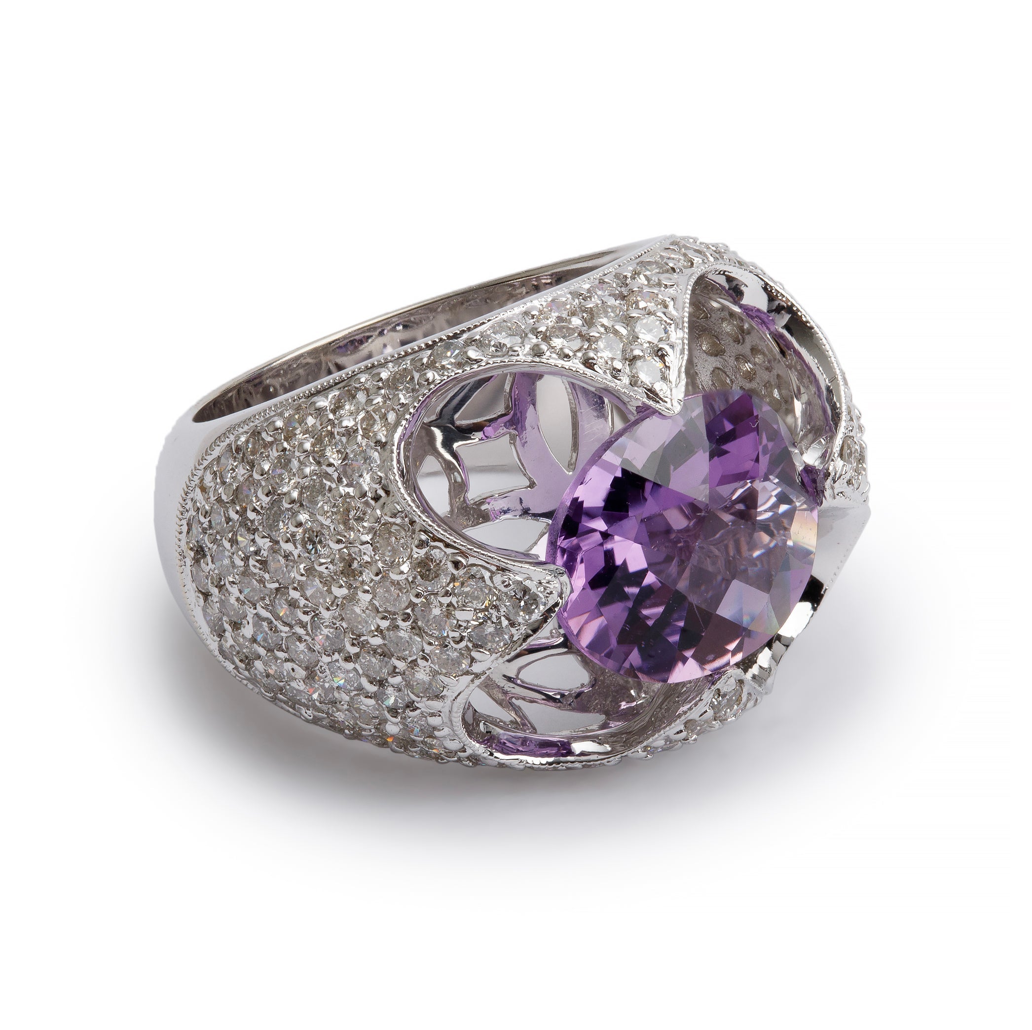 14k White Gold Amethyst & Diamond Cocktail Ring, Size 7.25