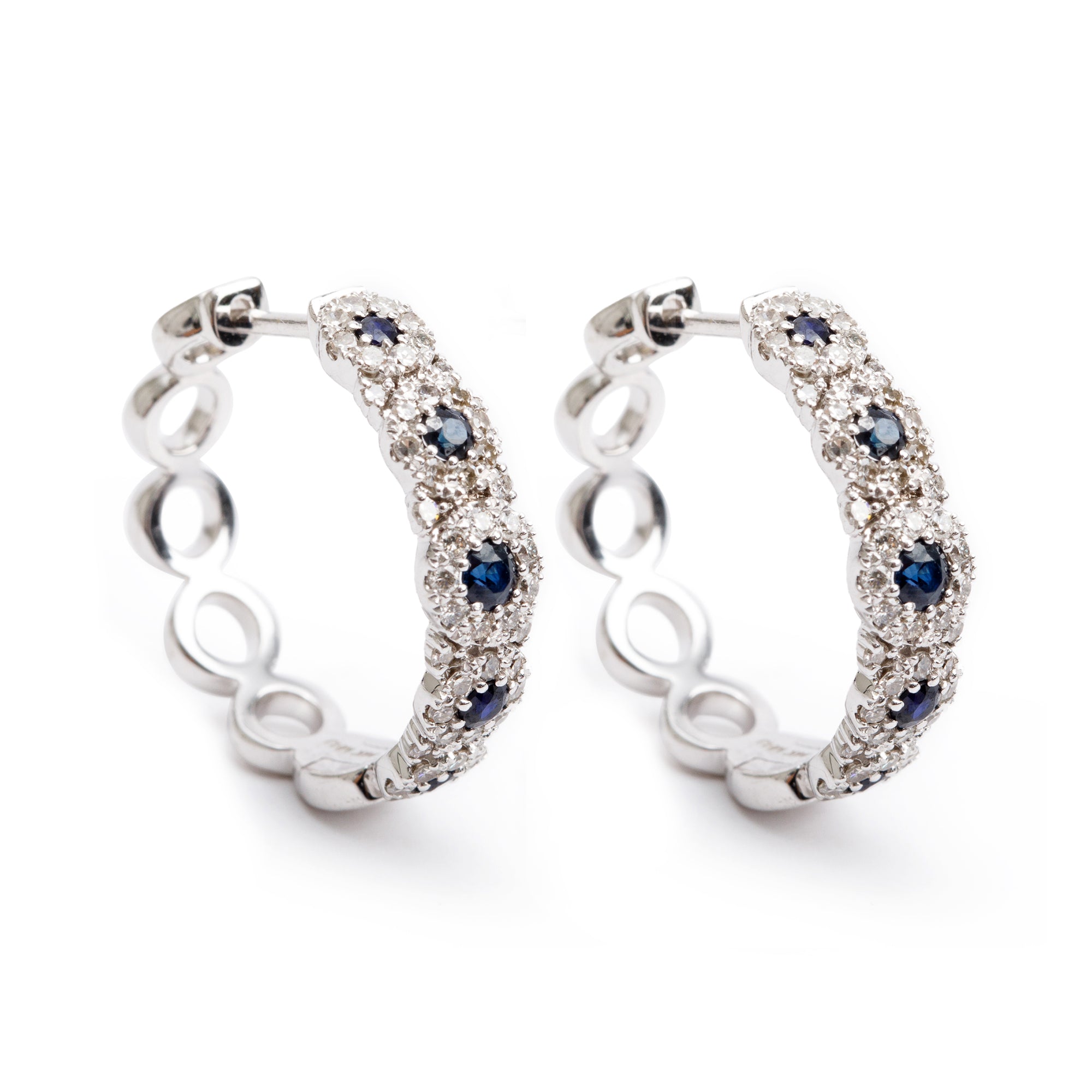 14k White Gold Blue Sapphire & Diamond Hoop Earrings