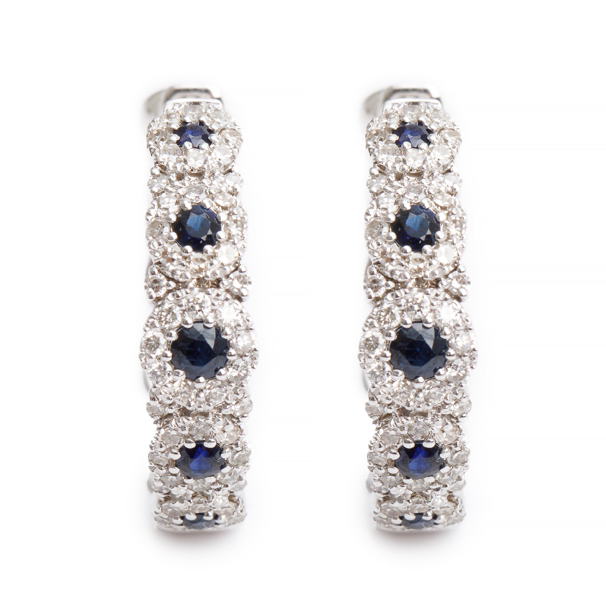 14k White Gold Blue Sapphire & Diamond Hoop Earrings