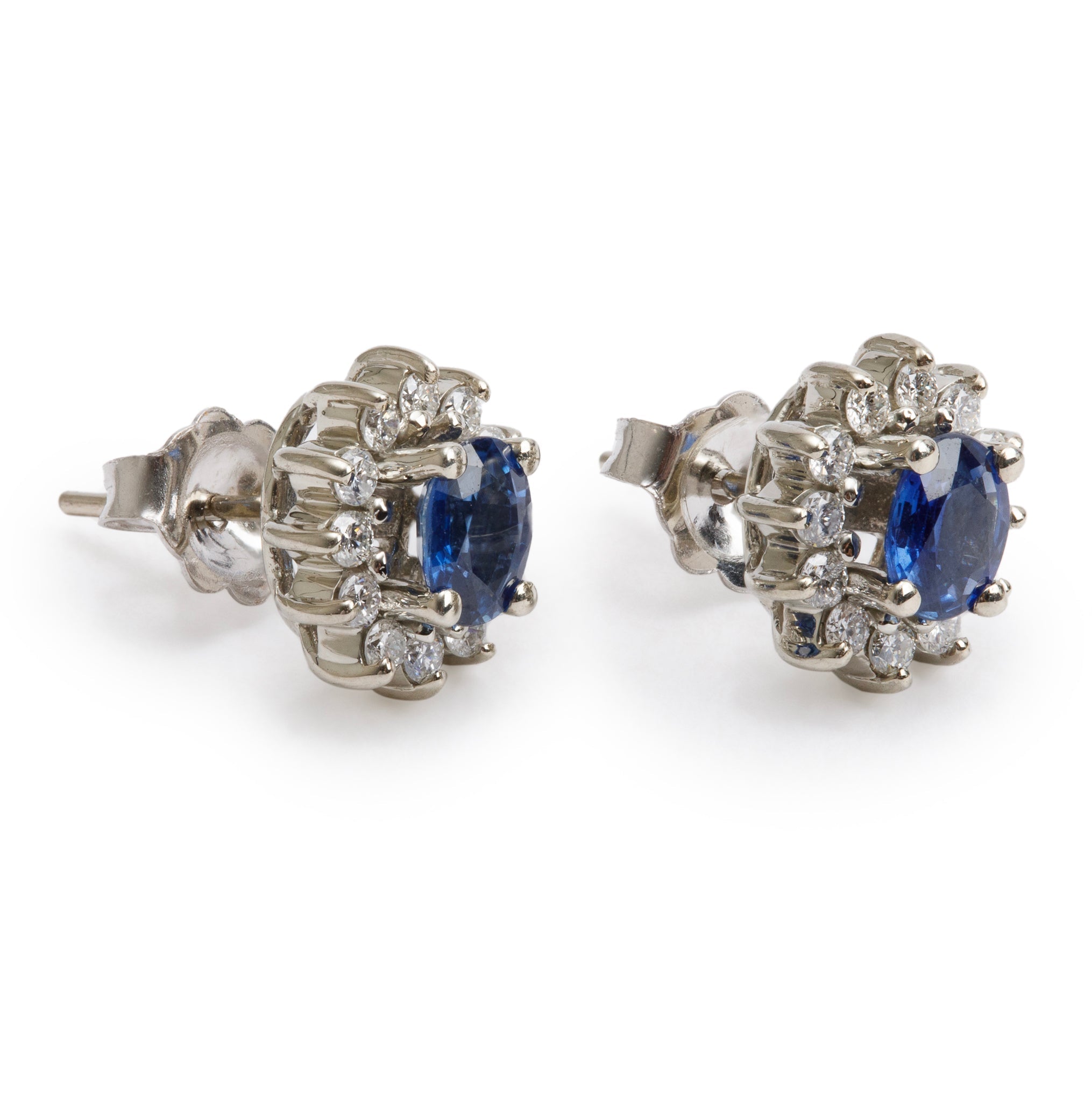 14k White Gold Blue Sapphire & Diamond Stud Earrings