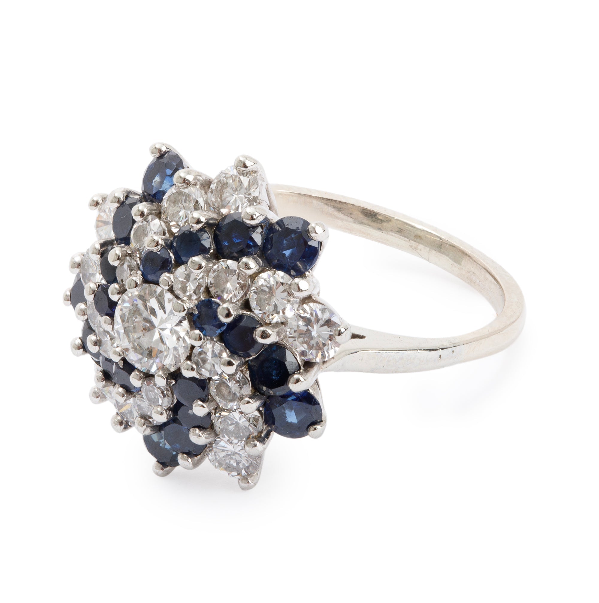 14k White Gold Blue Sapphire and Diamond Cluster Ring