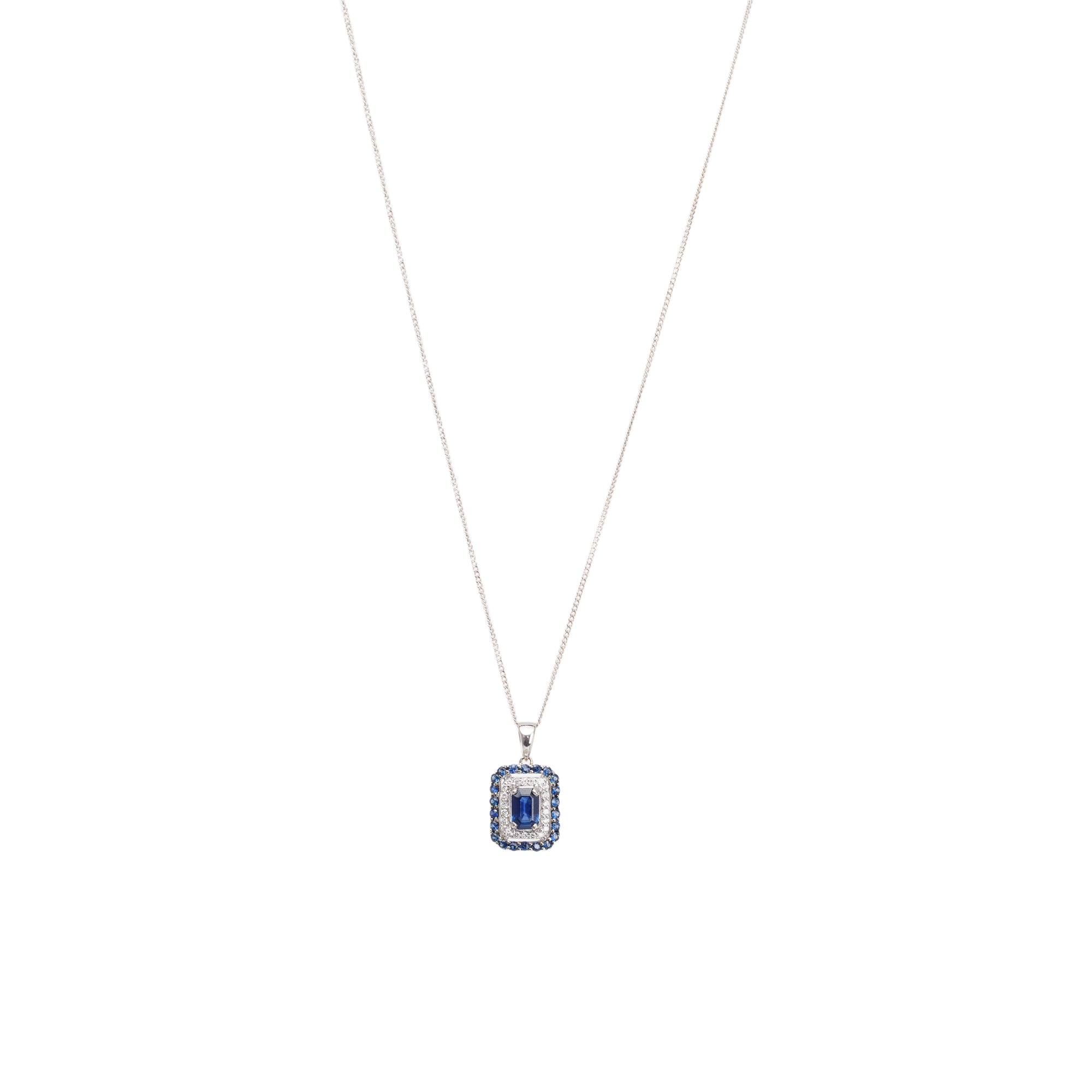 14k White Gold Blue Sapphire and Diamond Pendant Necklace