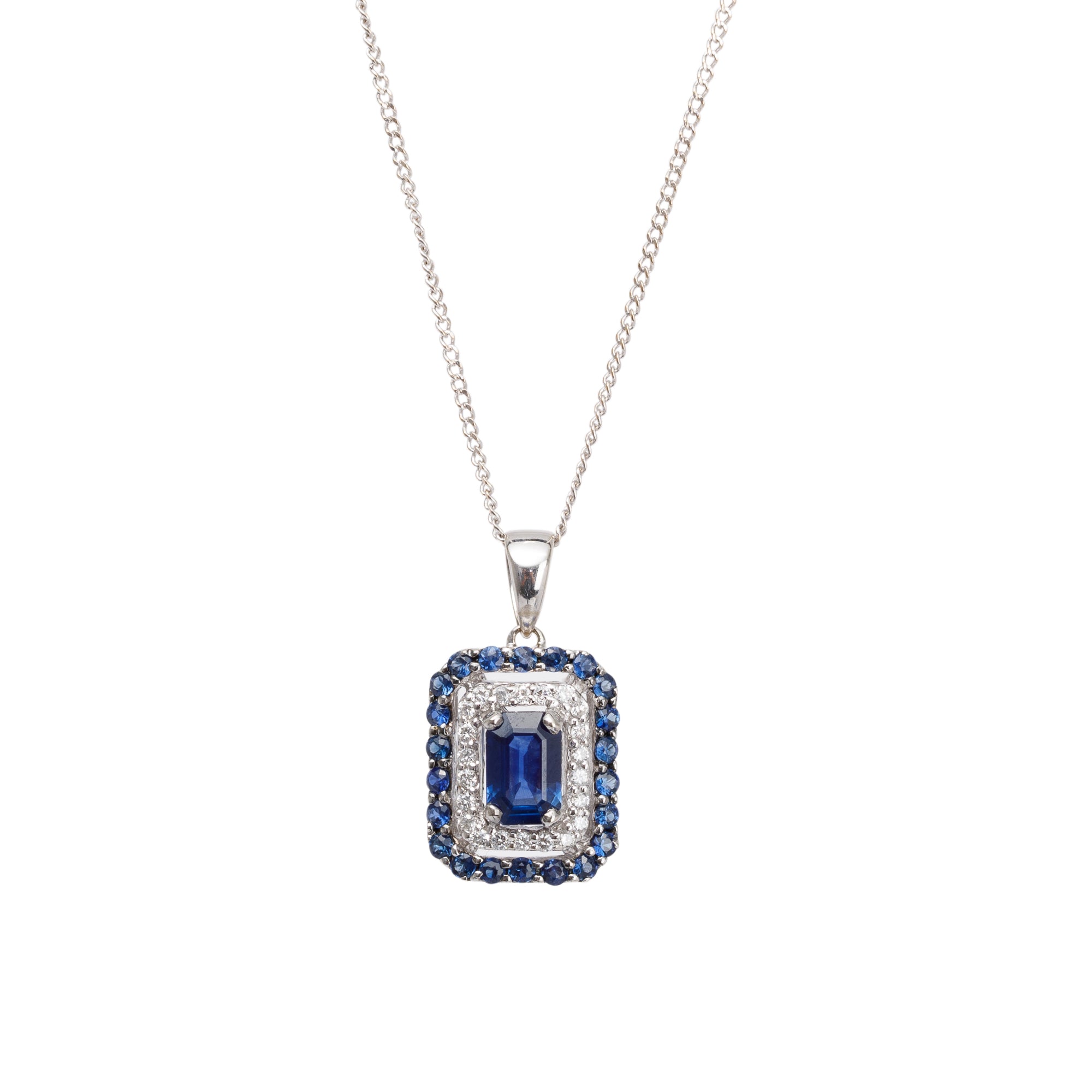 14k White Gold Blue Sapphire and Diamond Pendant Necklace