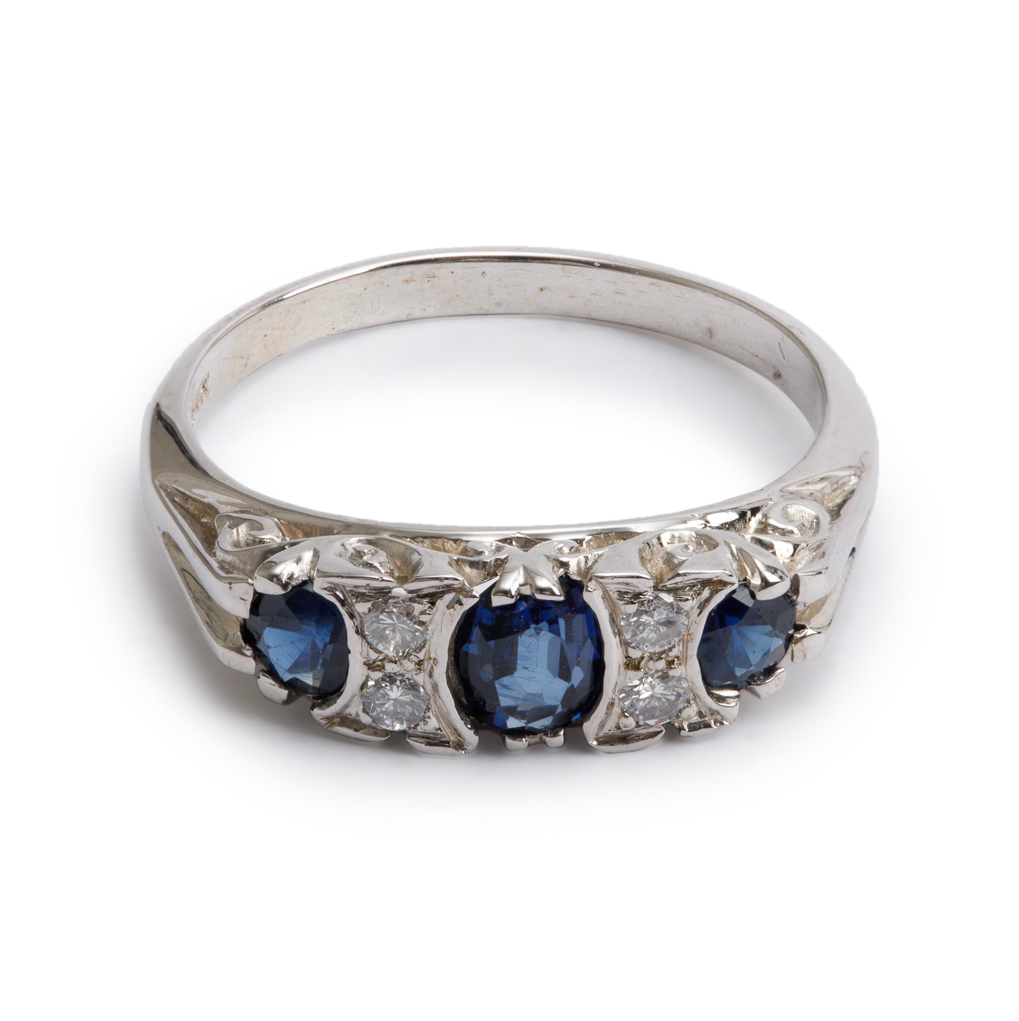 14k White Gold Blue Sapphire and Diamond Ring, Size 6.75