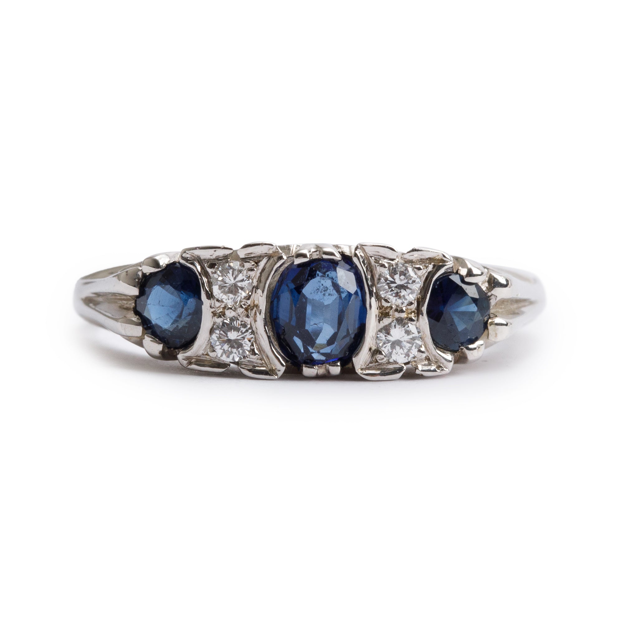 14k White Gold Blue Sapphire and Diamond Ring, Size 6.75