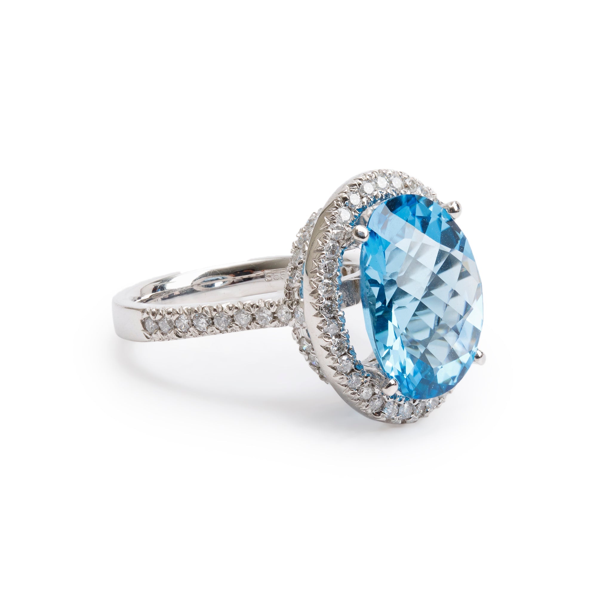 14k White Gold Blue Topaz and Diamond Cocktail Ring, Size 7