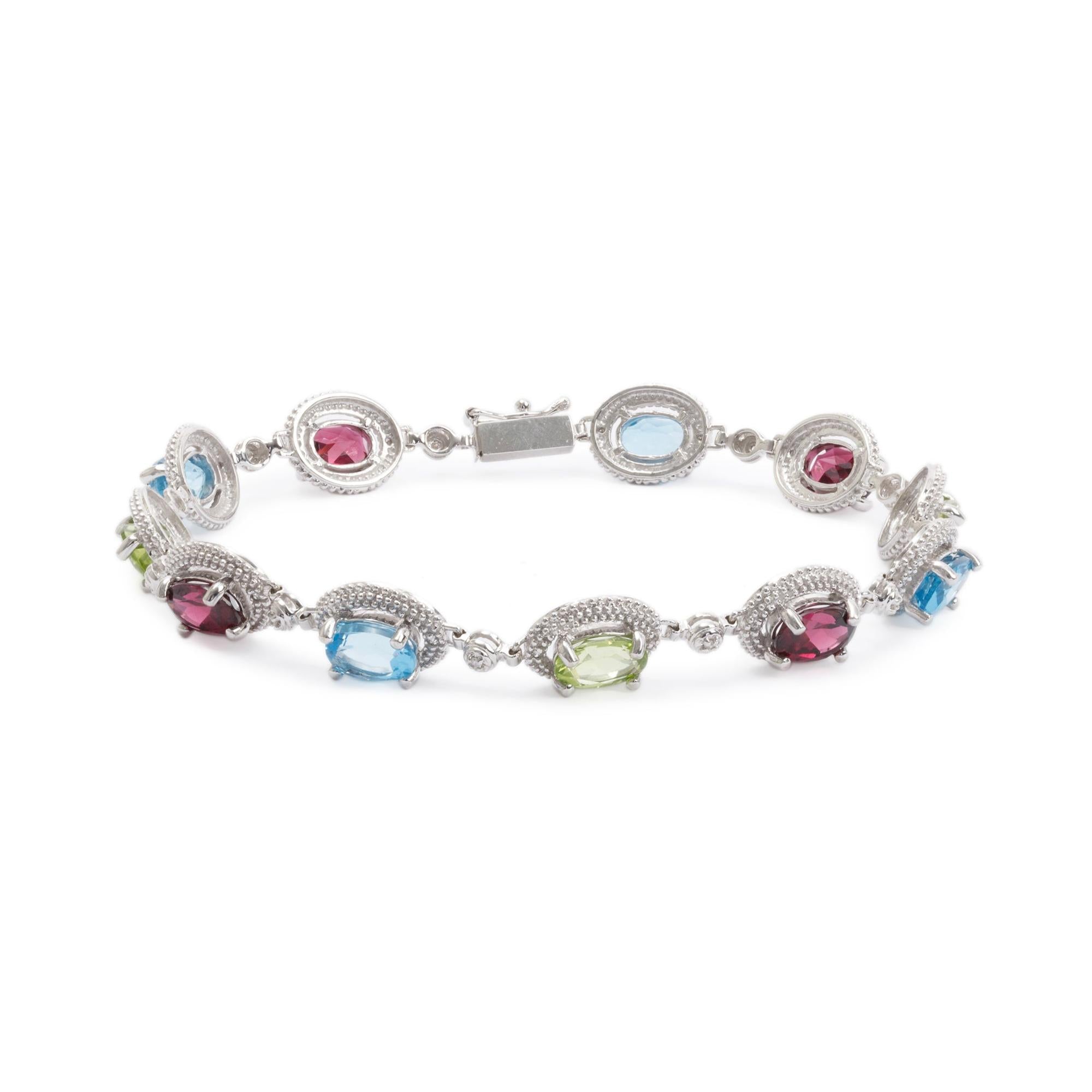 14k White Gold Colored Stones and Diamond Bracelet