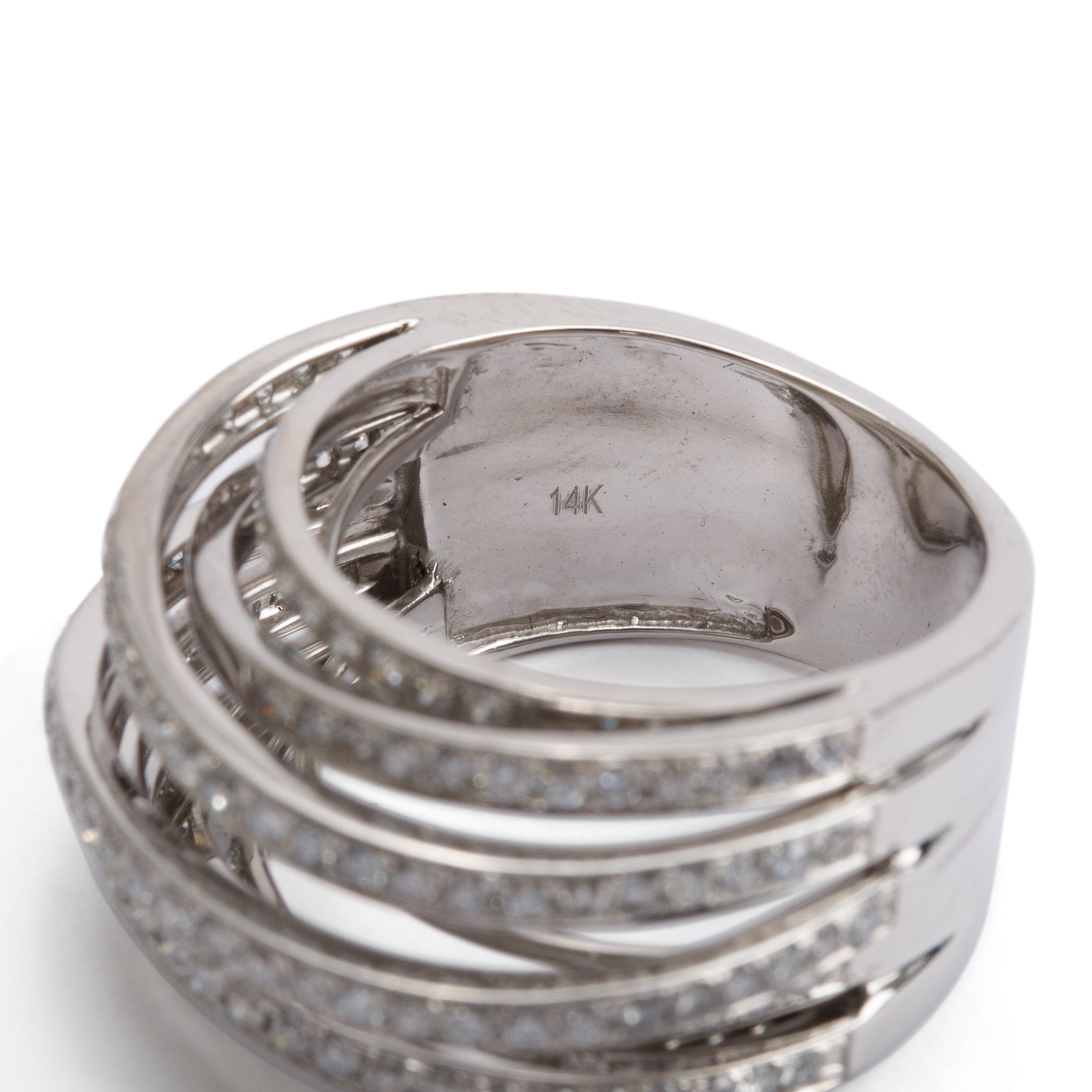 14k White Gold Diamond Crossover Cocktail Ring, Size 6.5