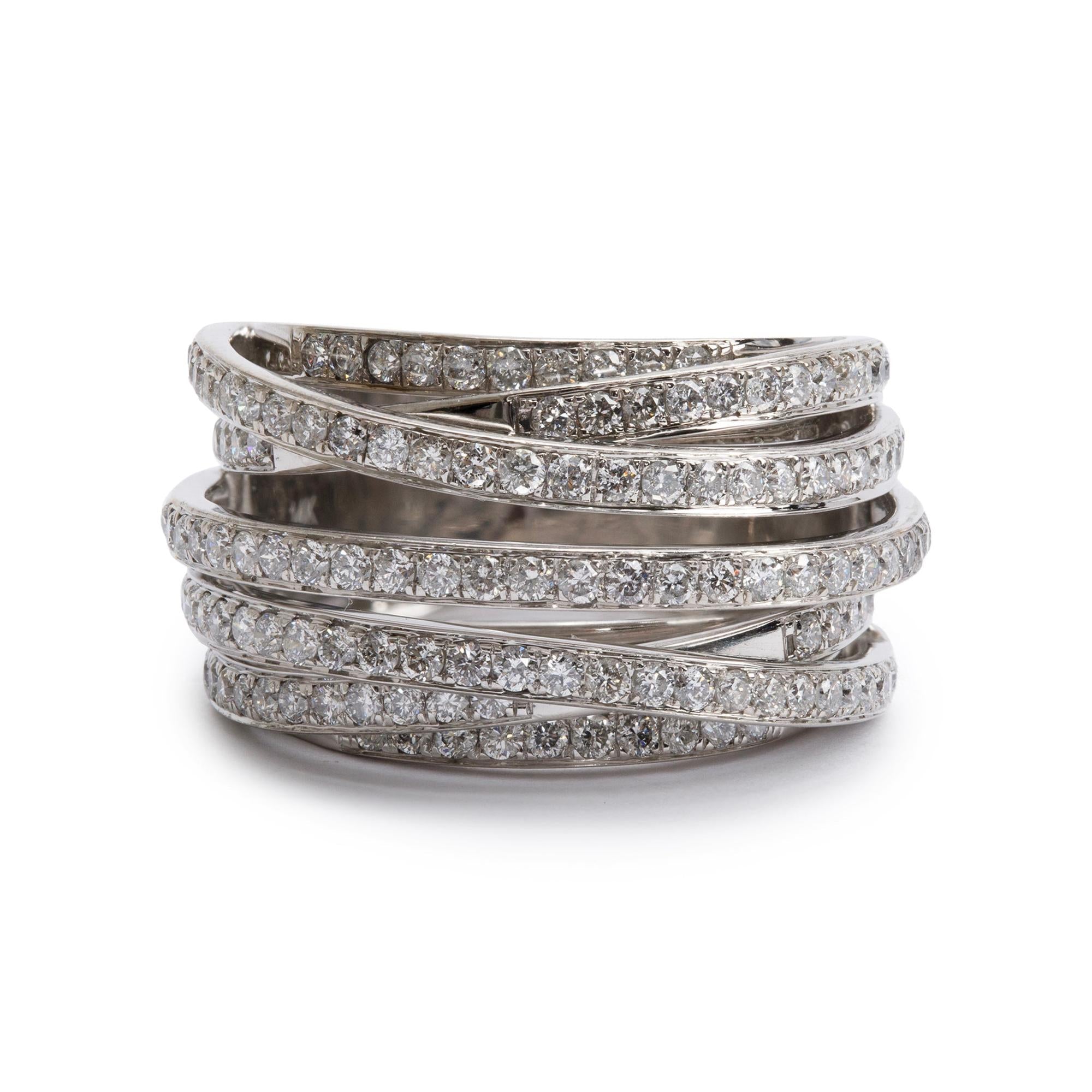 14k White Gold Diamond Crossover Cocktail Ring, Size 6.5