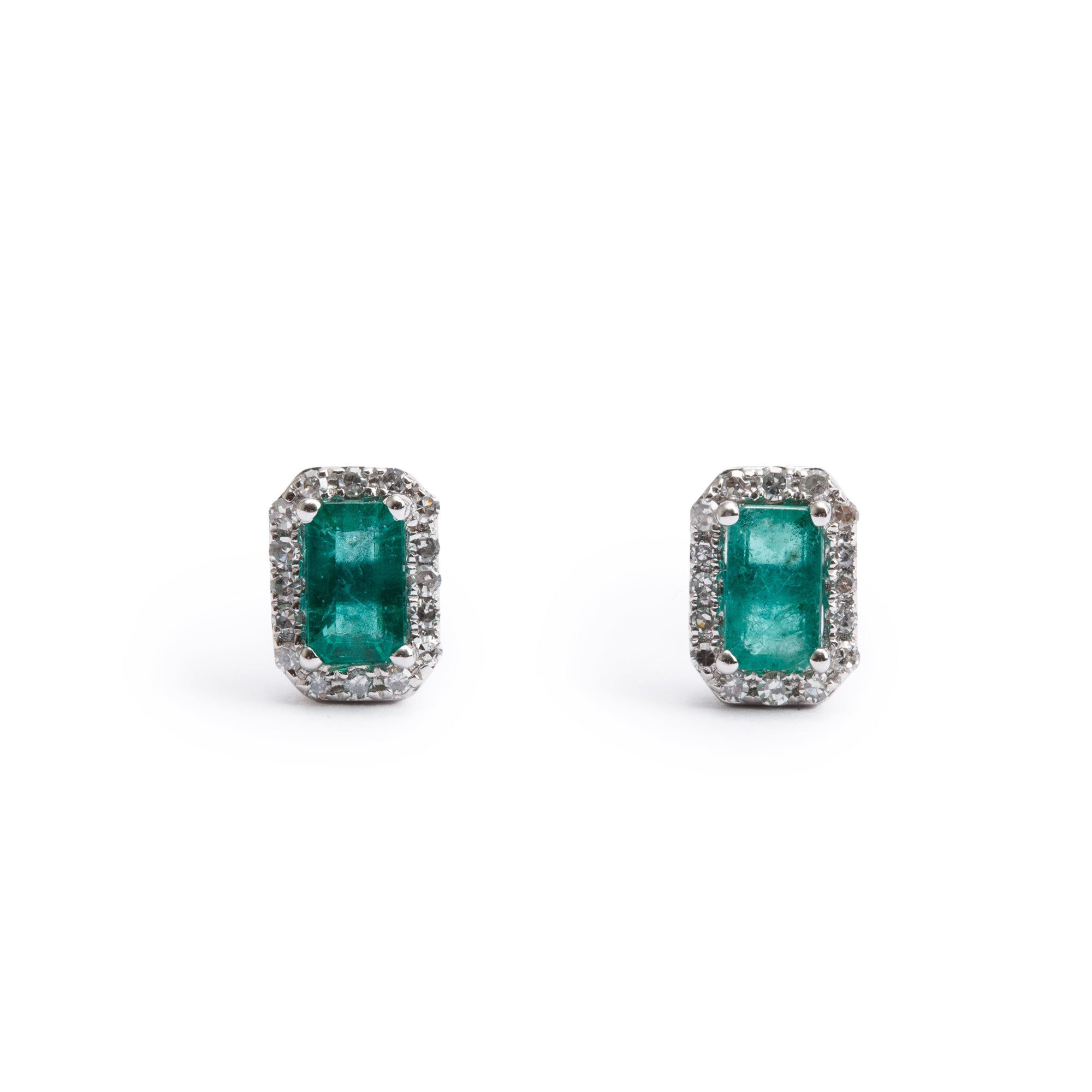 14k White Gold Emerald & Diamond Earrings