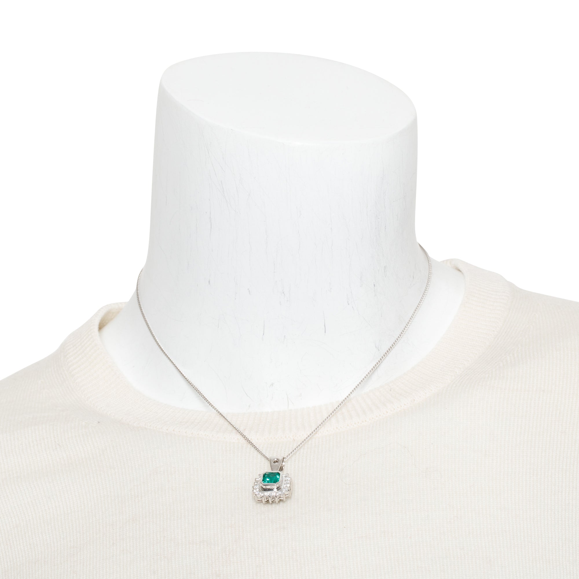 14k White Gold Emerald & Diamond Pendant Necklace