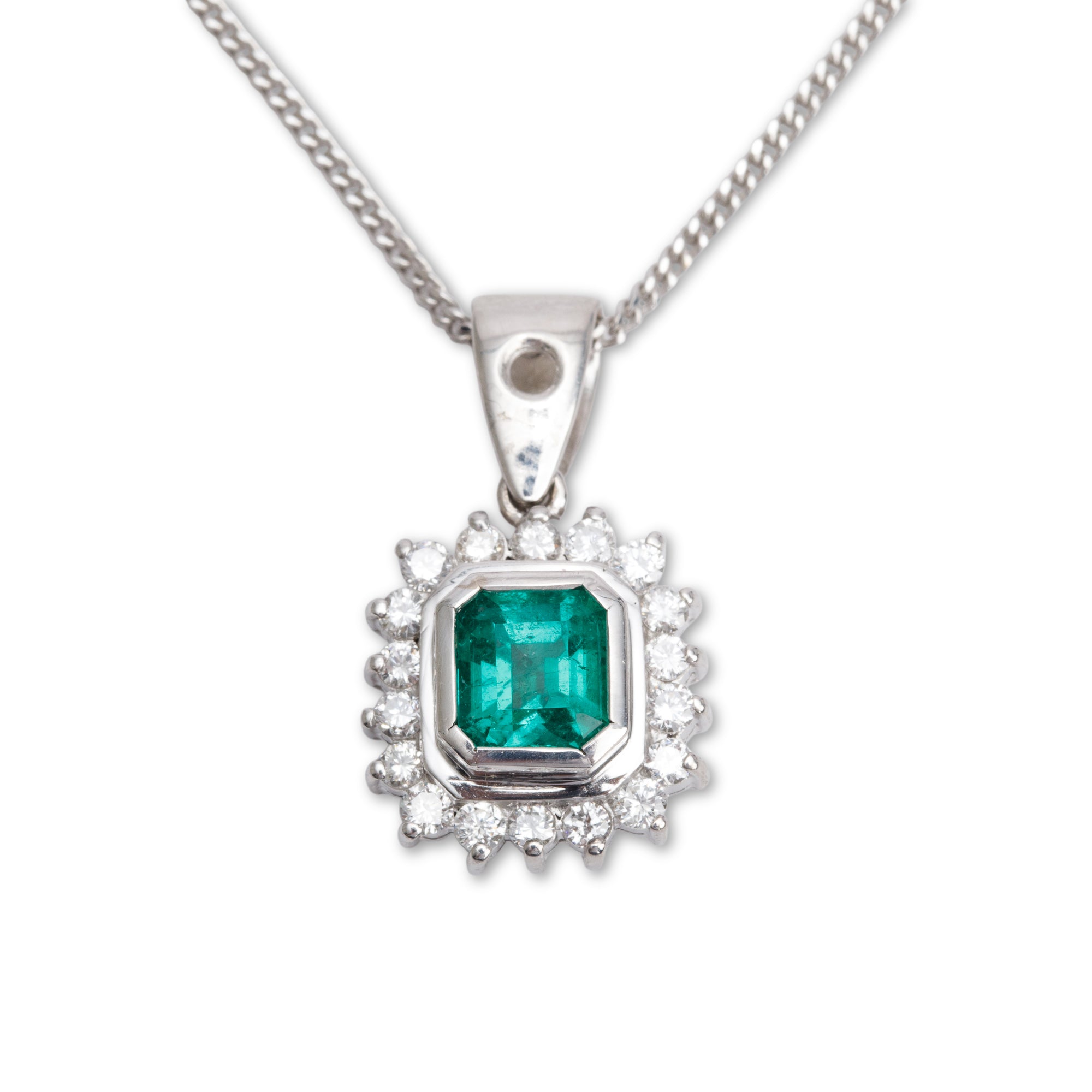 14k White Gold Emerald & Diamond Pendant Necklace