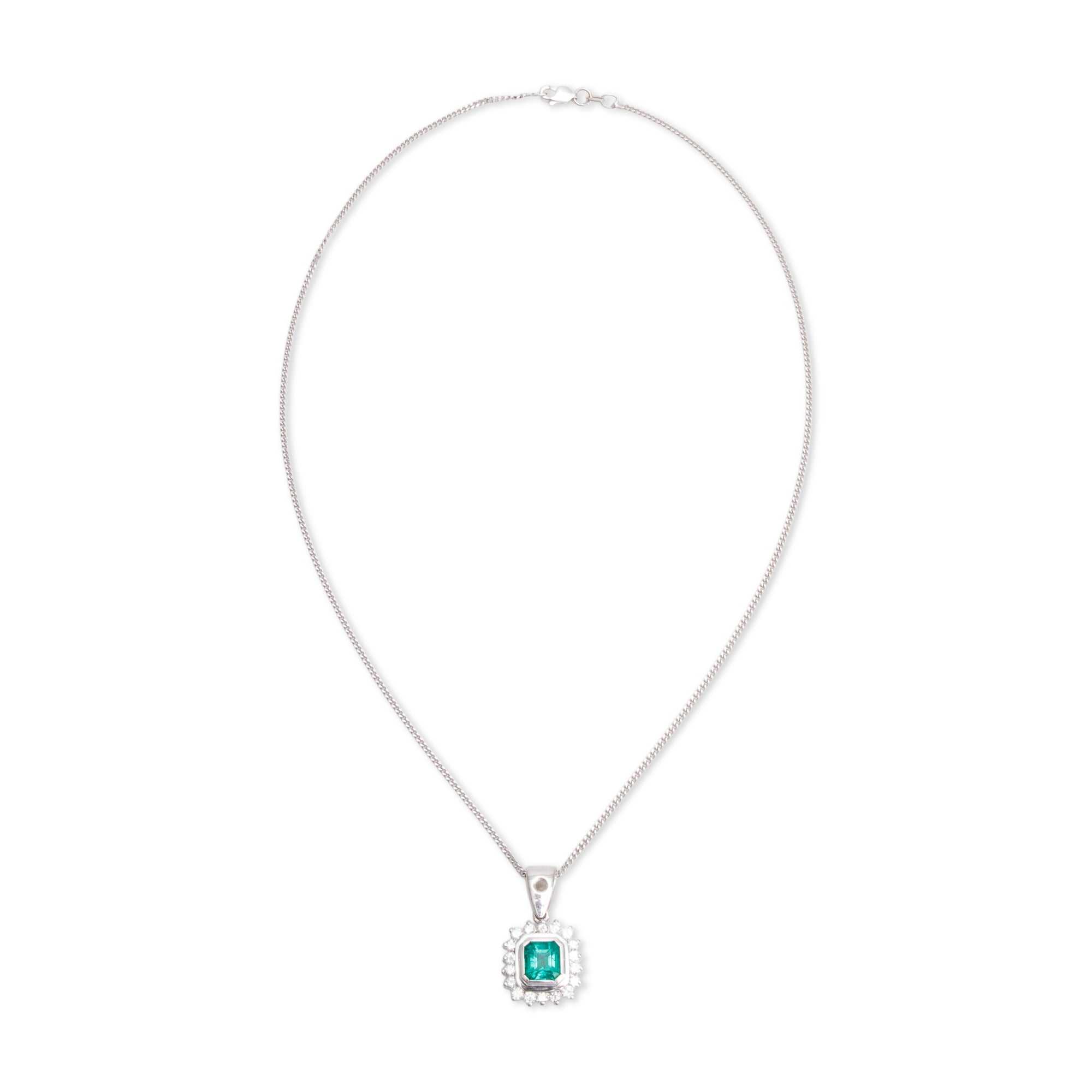 14k White Gold Emerald & Diamond Pendant Necklace