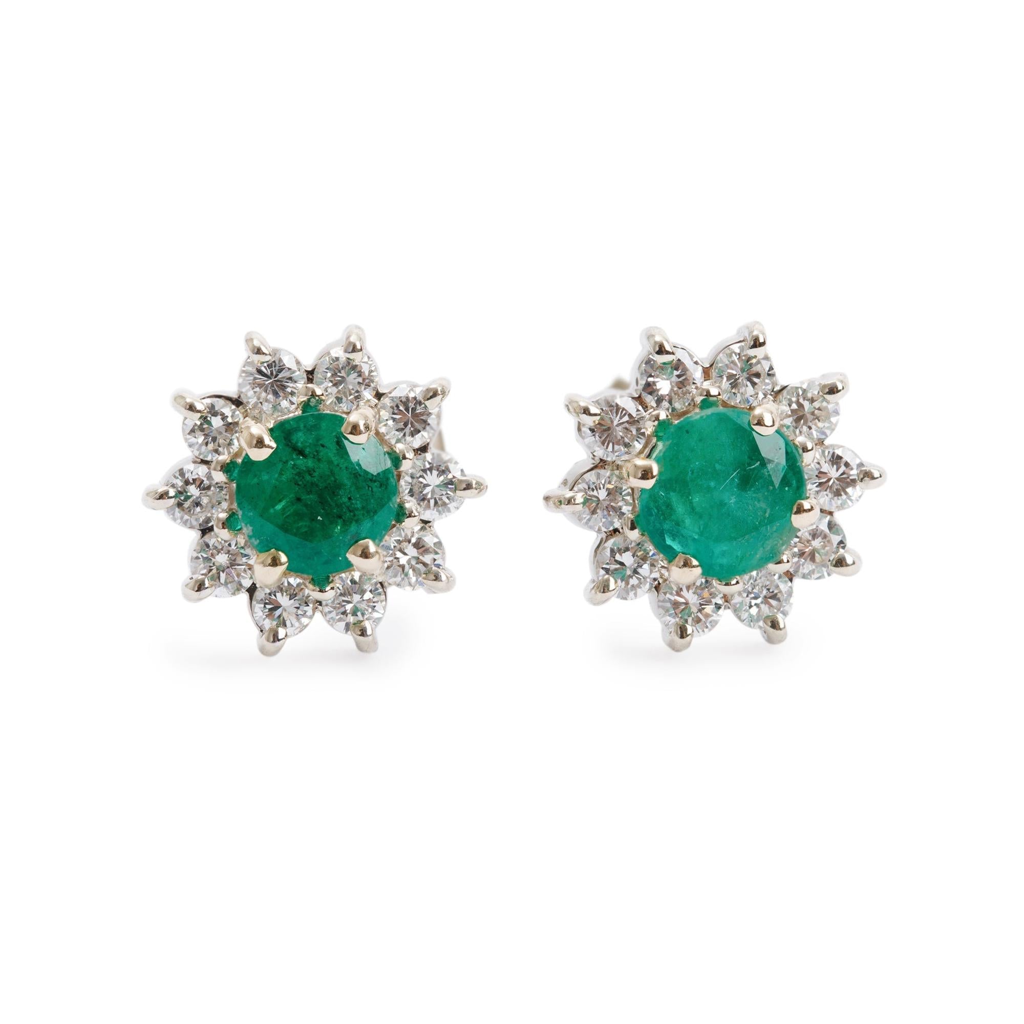 14k White Gold Emerald and Diamond Earrings