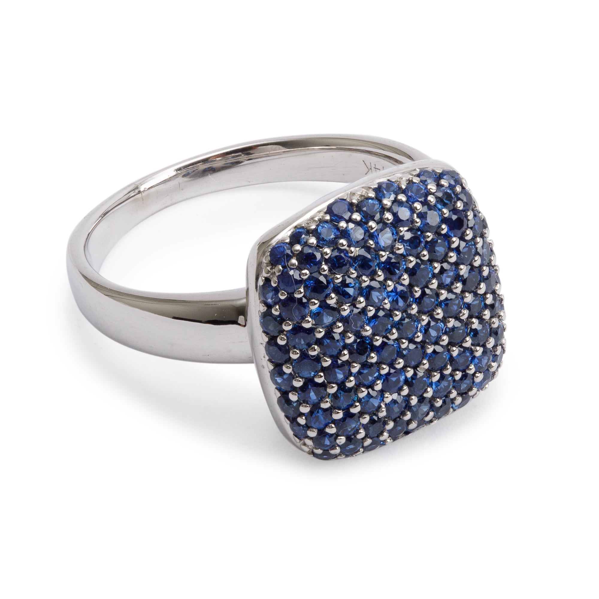 14k White Gold Pave Blue Sapphire Cushion Top Ring, Size 7.5