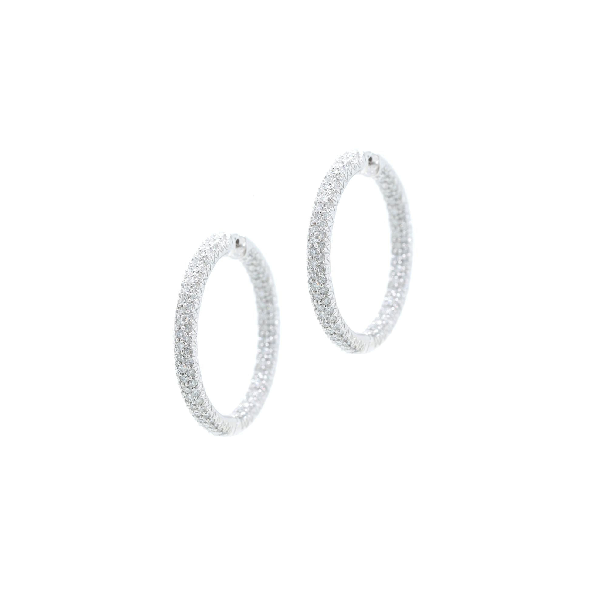 14k White Gold Pave Diamond Hoop Earrings