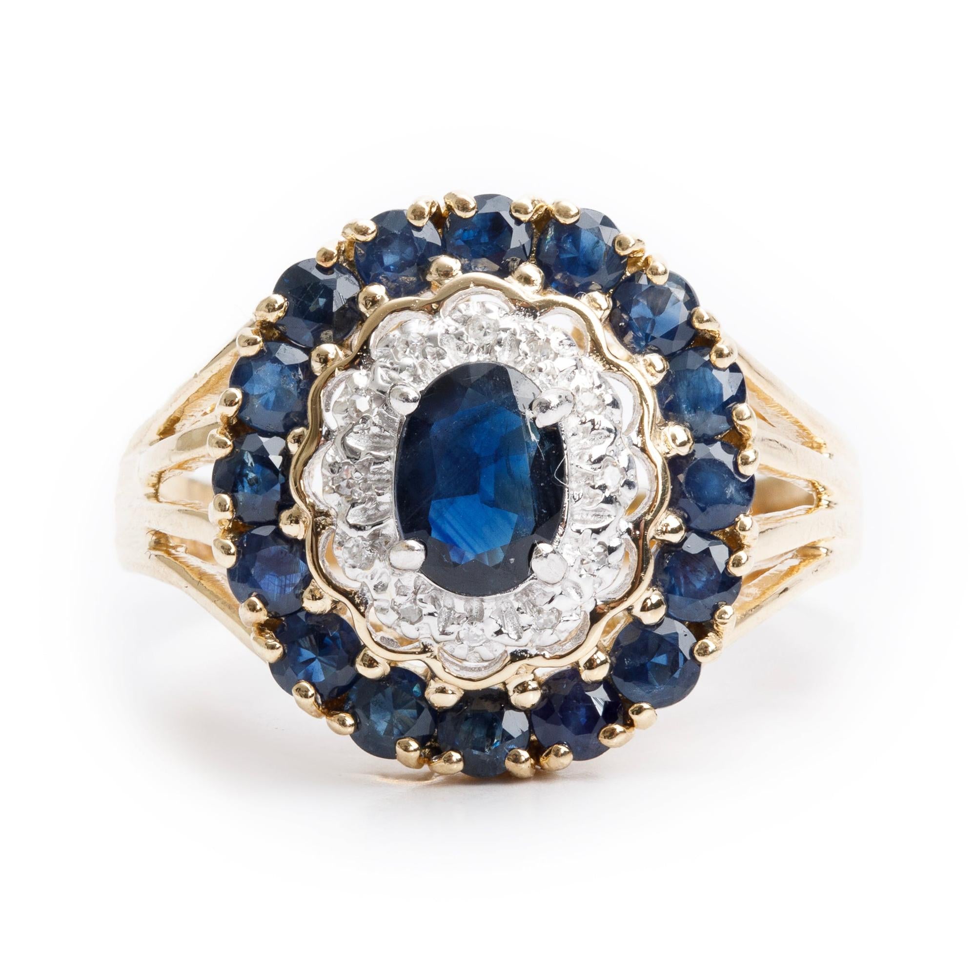 14k Yellow Gold Blue Sapphire & Diamond Ring, Size 11.75