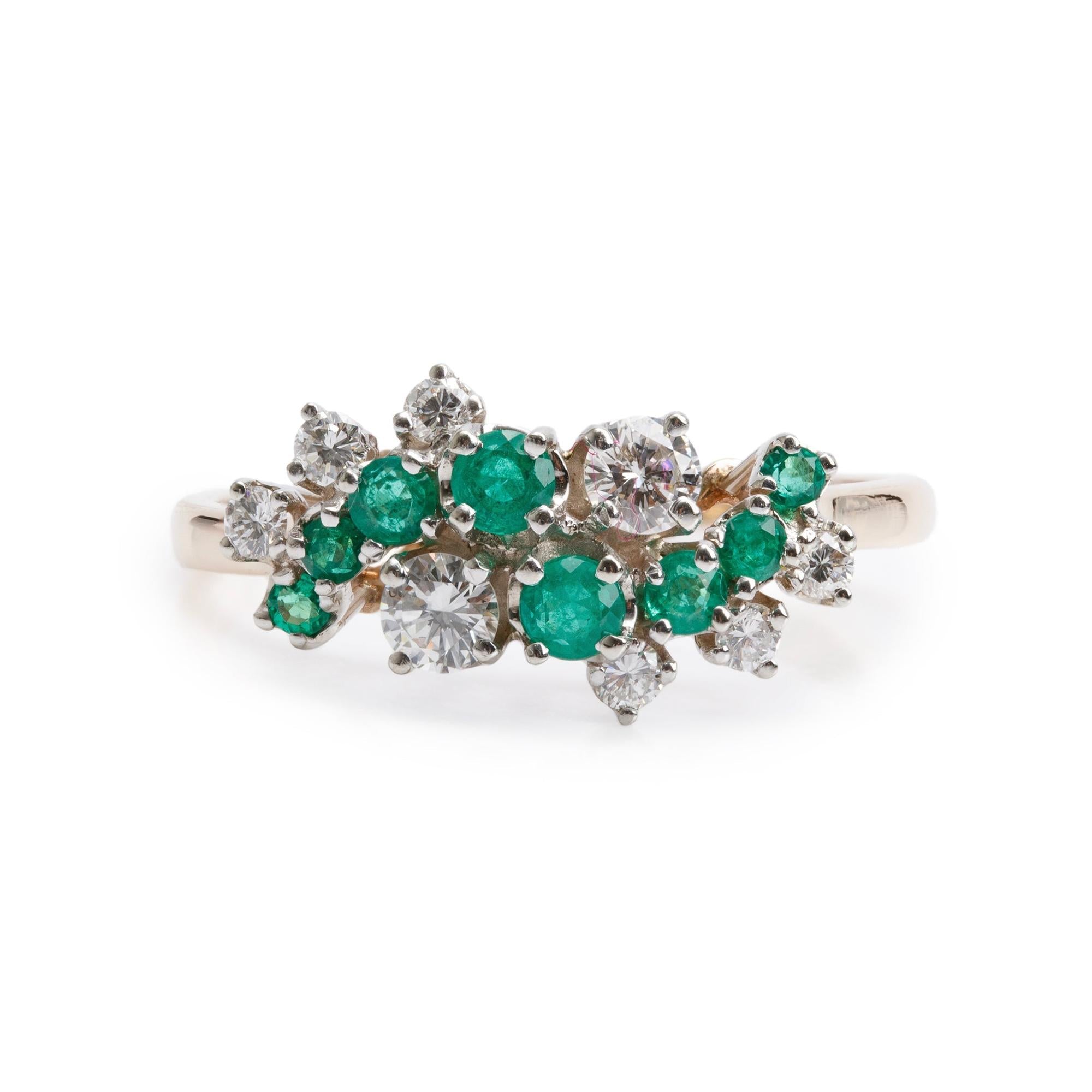 14k Yellow Gold Emerald & Diamond Cluster Ring, Size 10