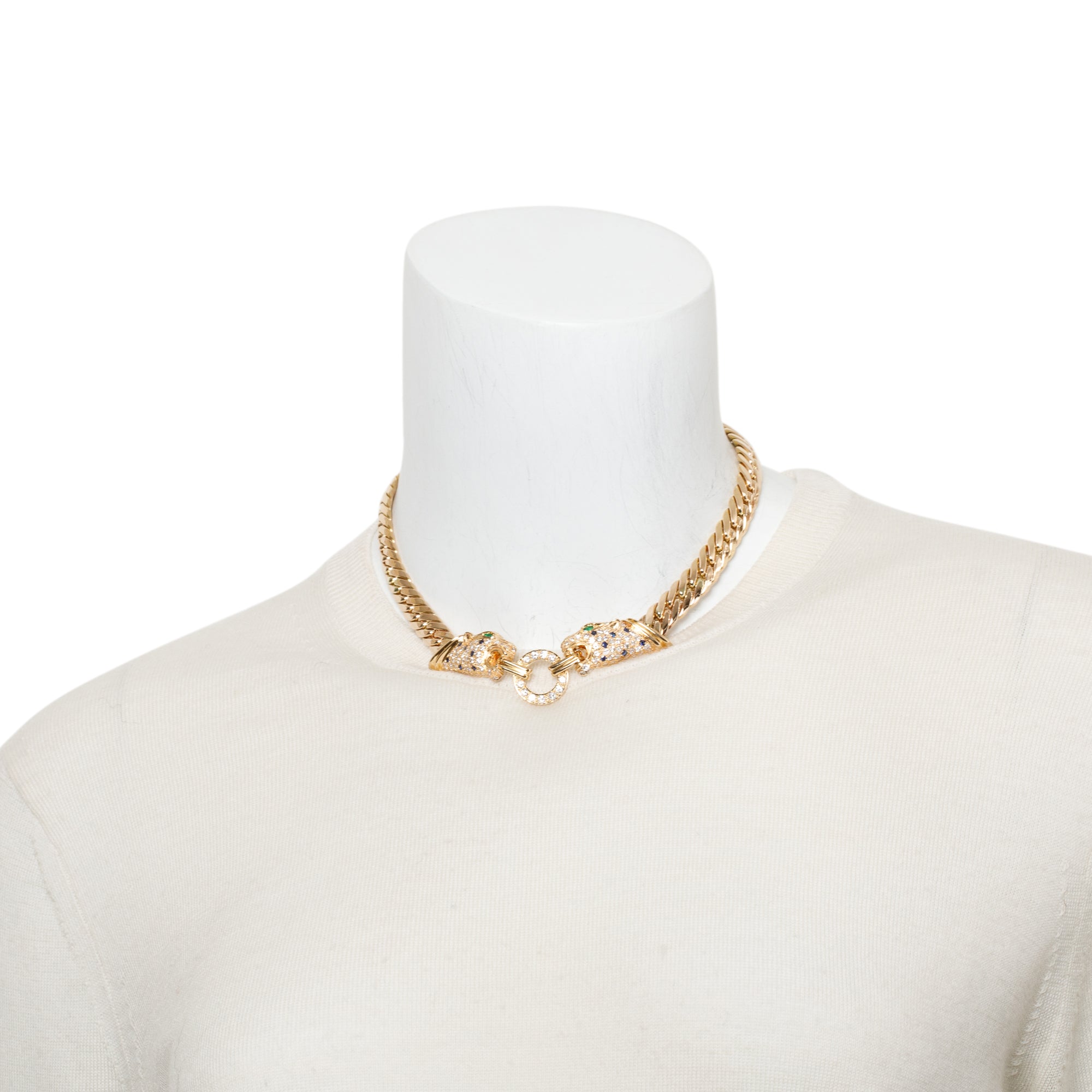 14k Yellow Gold Emerald, Sapphire & Diamond Panther Necklace