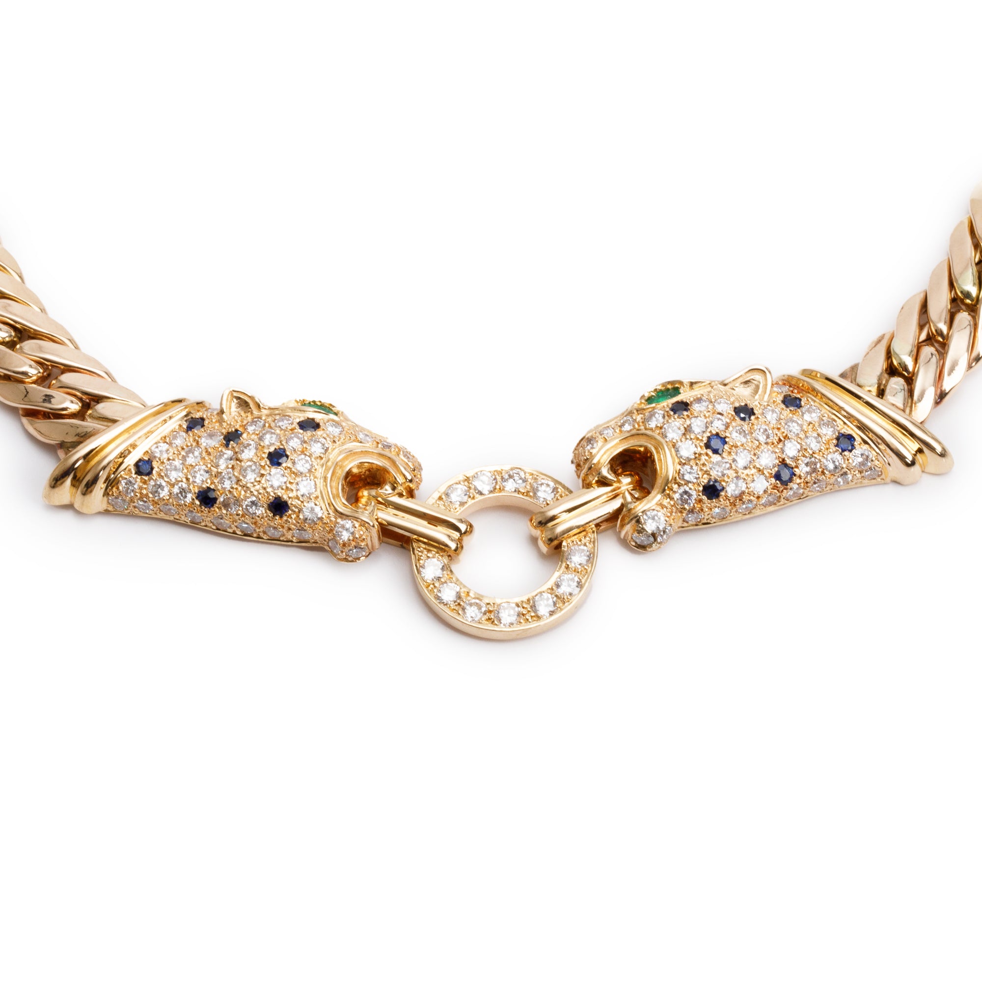 14k Yellow Gold Emerald, Sapphire & Diamond Panther Necklace