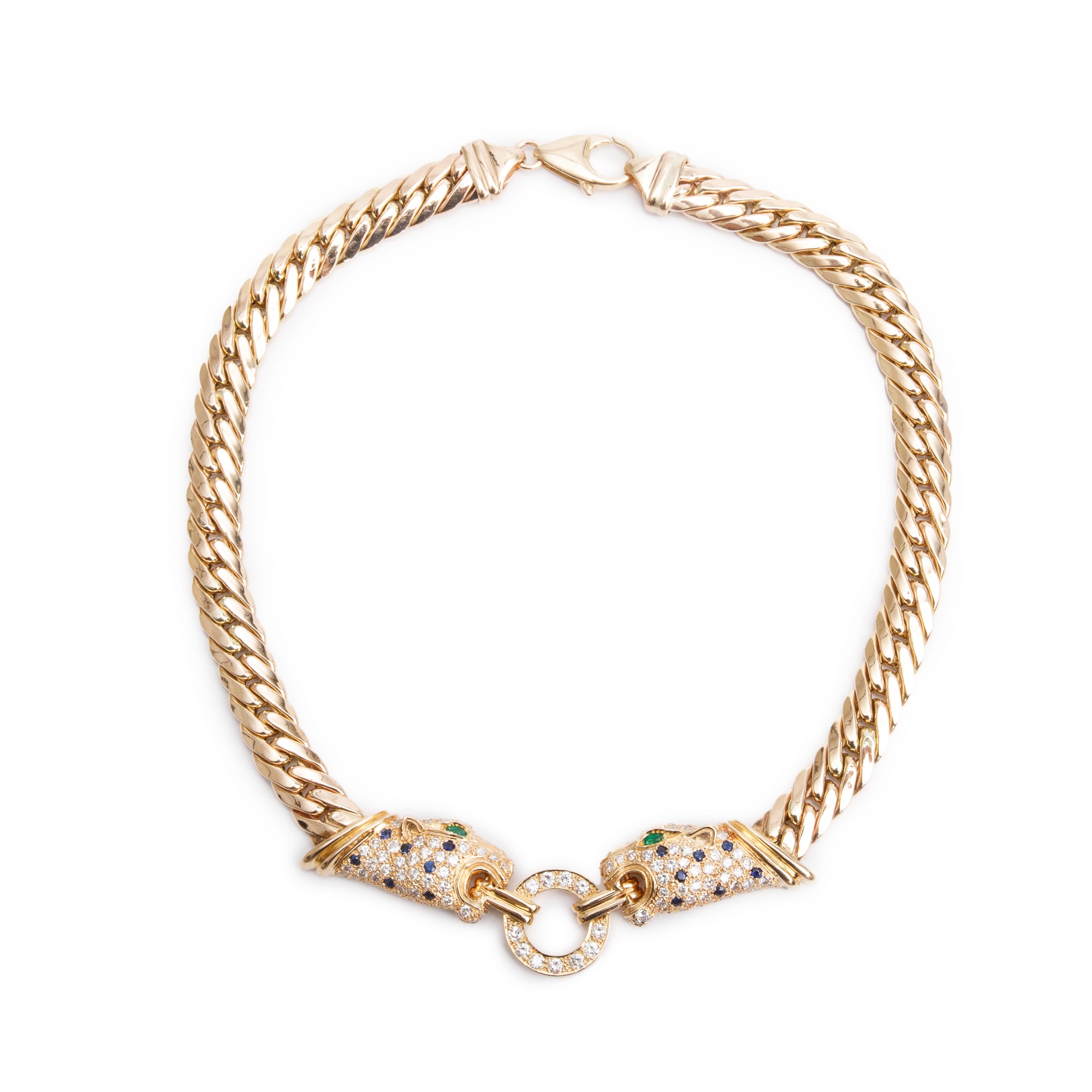 14k Yellow Gold Emerald, Sapphire & Diamond Panther Necklace