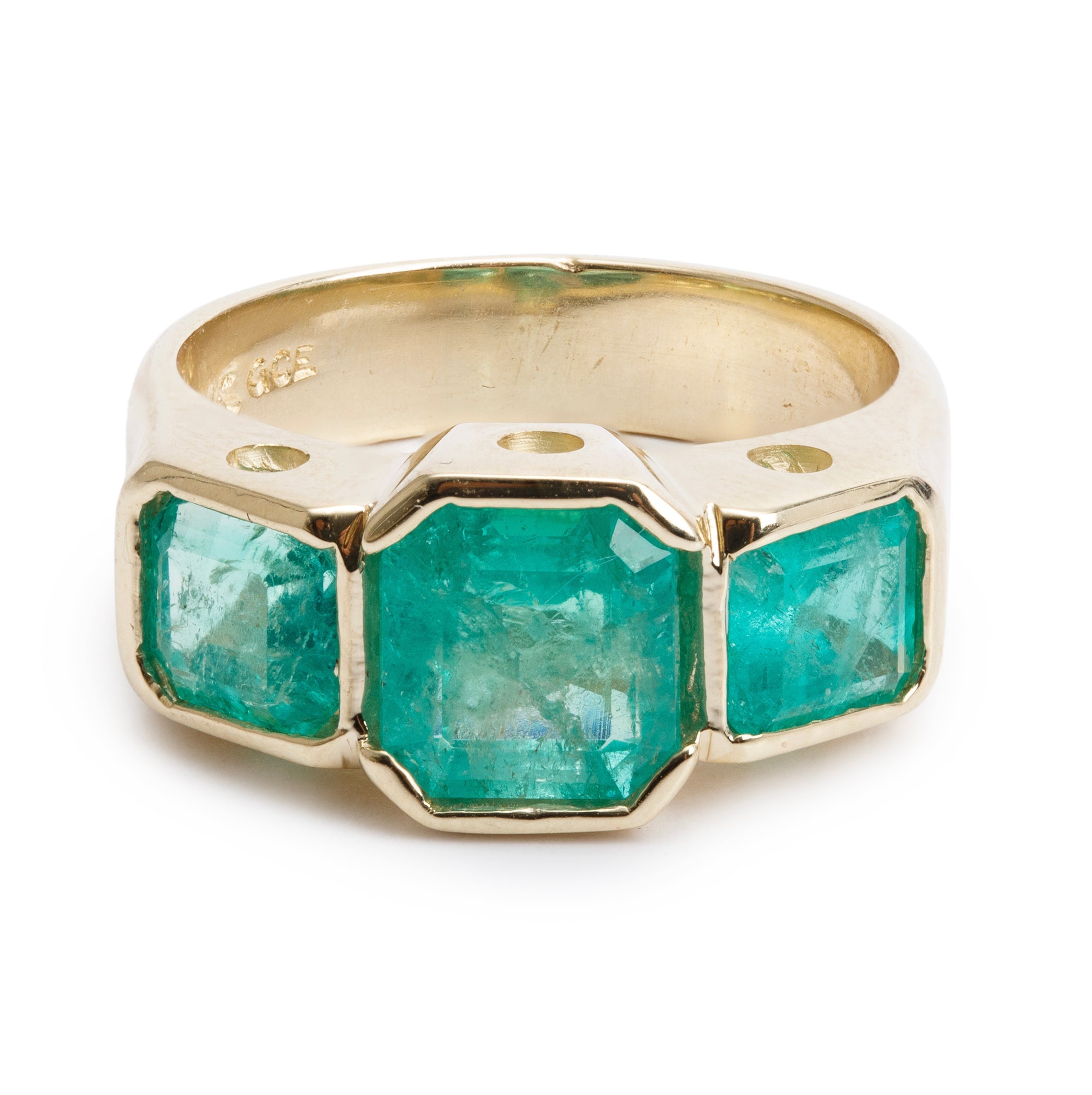14k Yellow Gold Emerald Three-Stone Ring, Size 7.25