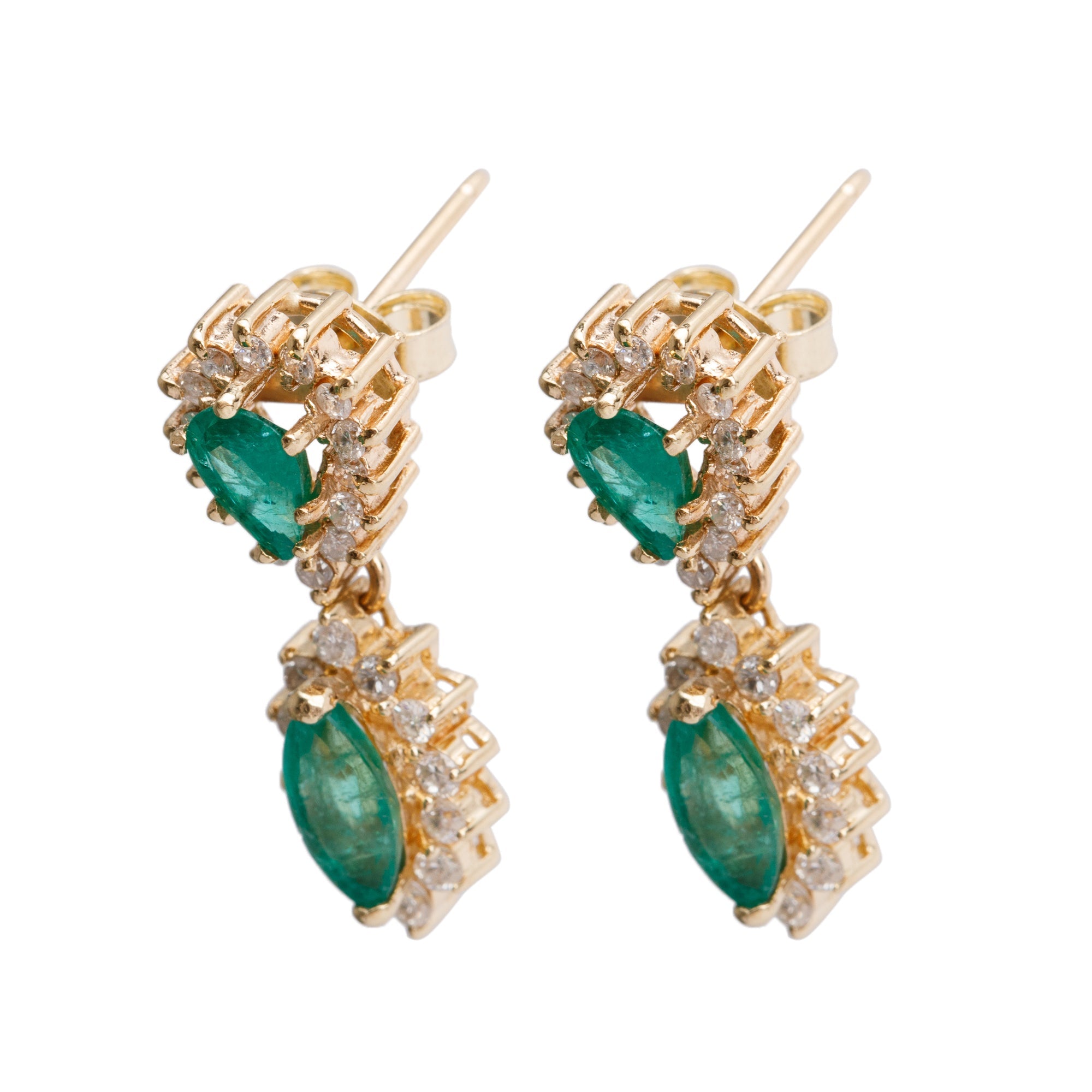 14k Yellow Gold Emerald and Diamond Drop Earrings