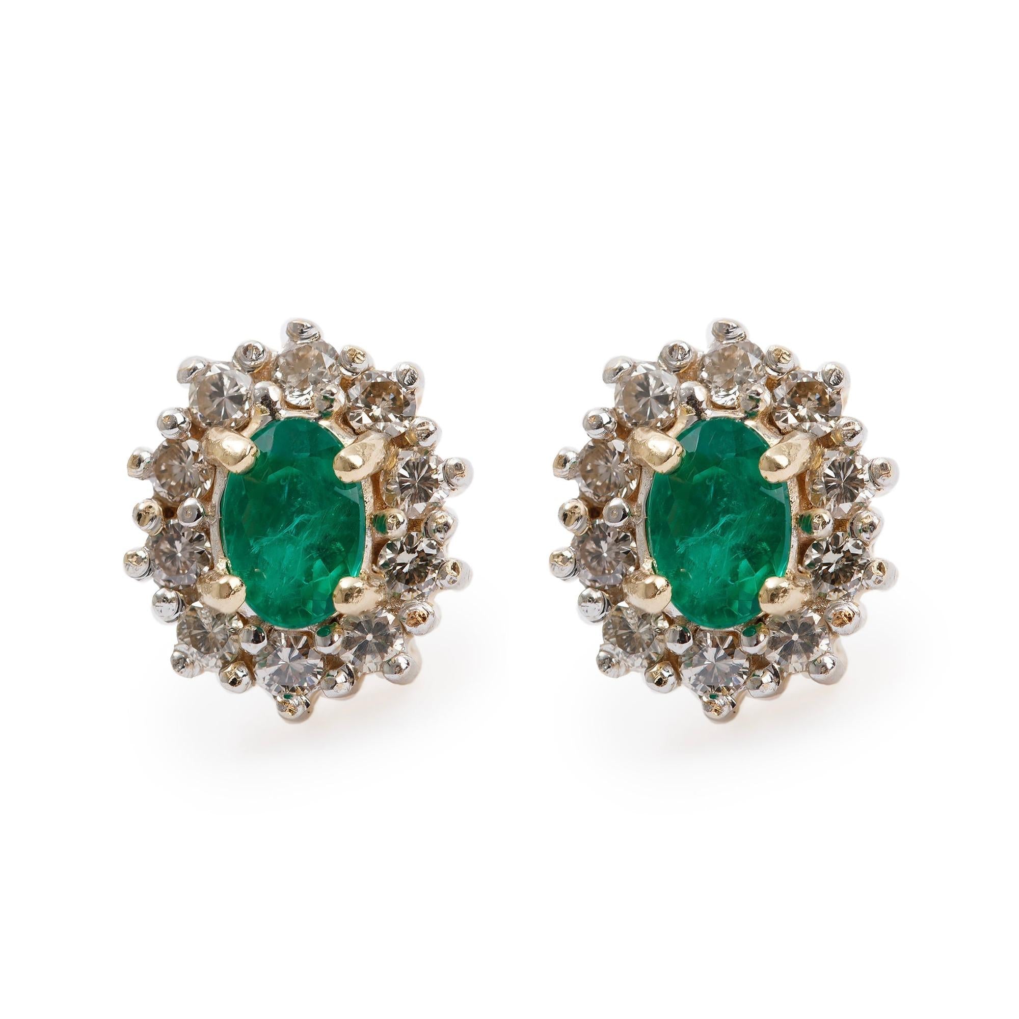 14k Yellow Gold Emerald and Diamond Earrings