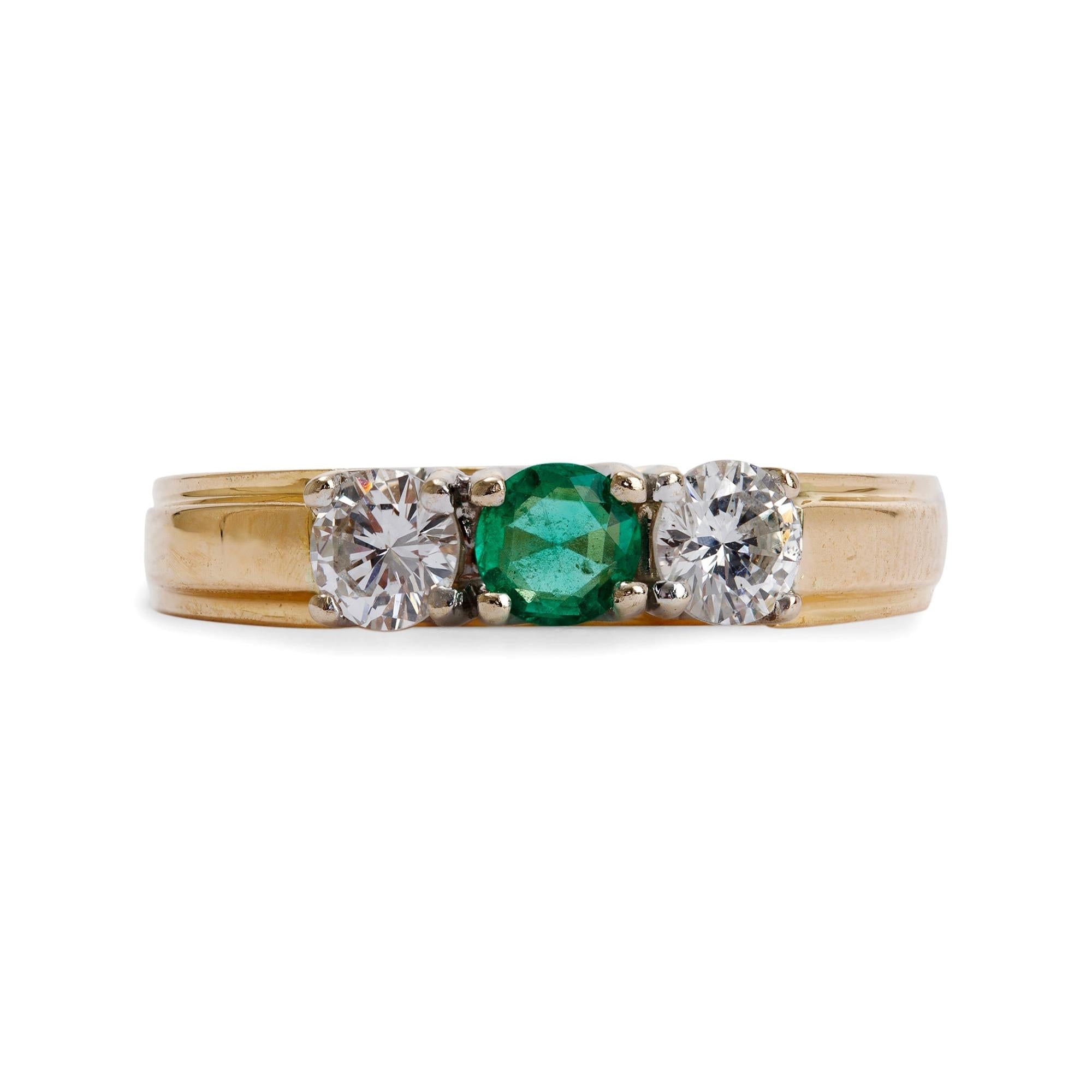 14k Yellow Gold Emerald and Diamond Three Stone Ring