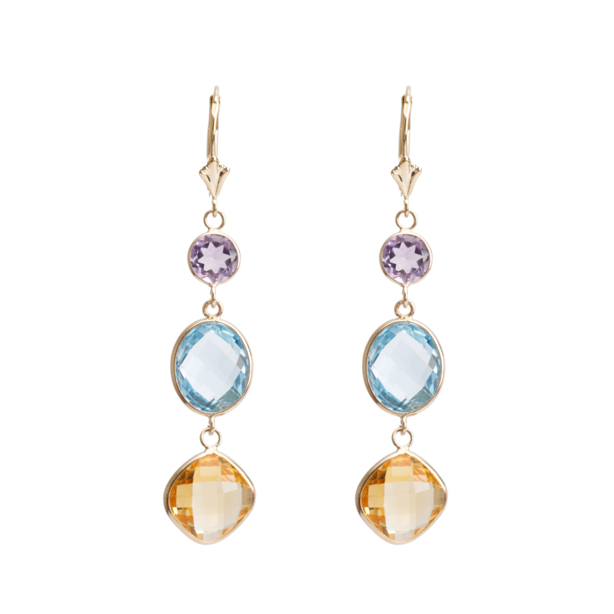 14k Yellow Gold Multicolored Stone Drop Earrings