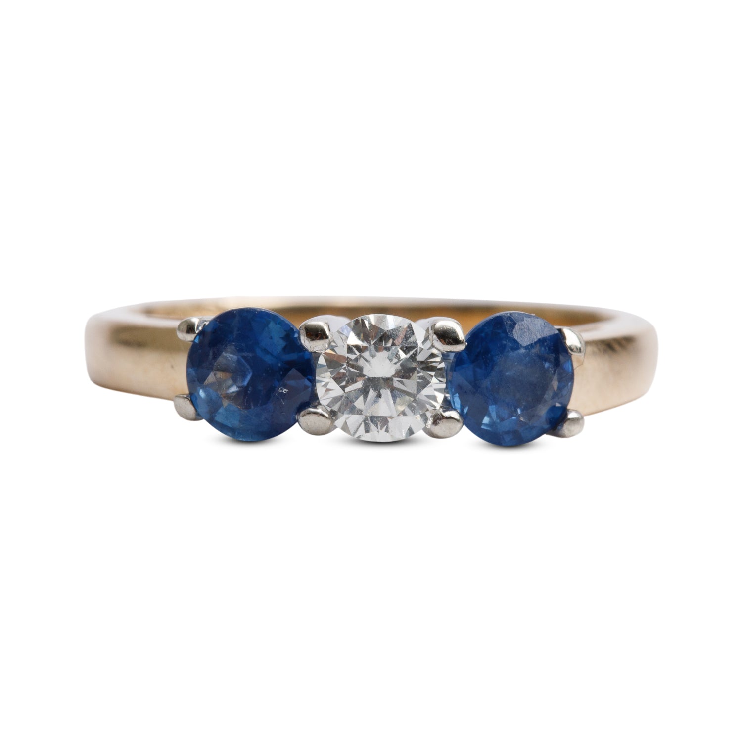 14k Yellow and White Gold Blue Sapphire & Diamond Three Stone Ring, Size 6.75