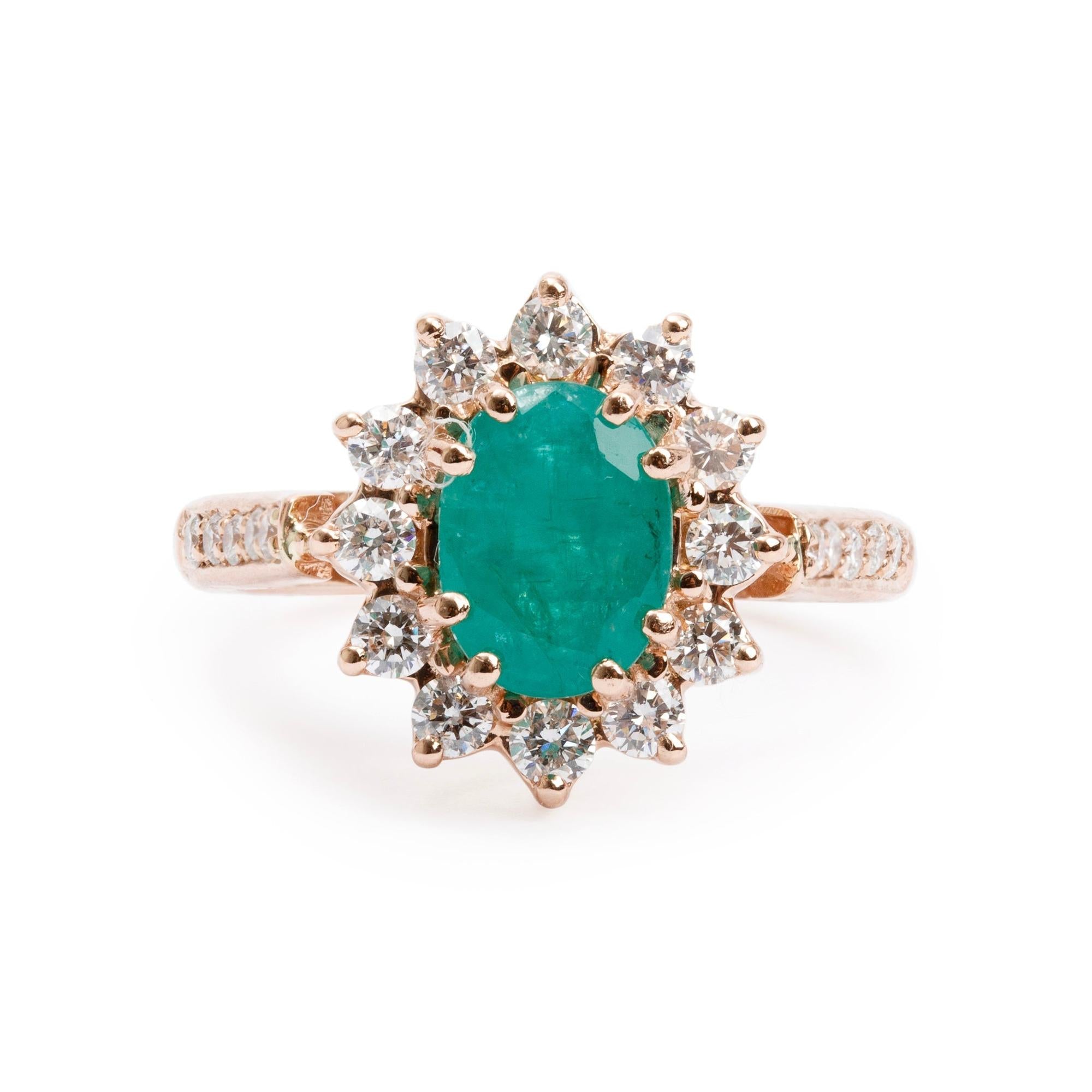 18k Rose Gold Emerald & Diamond Cocktail Ring, Size 5