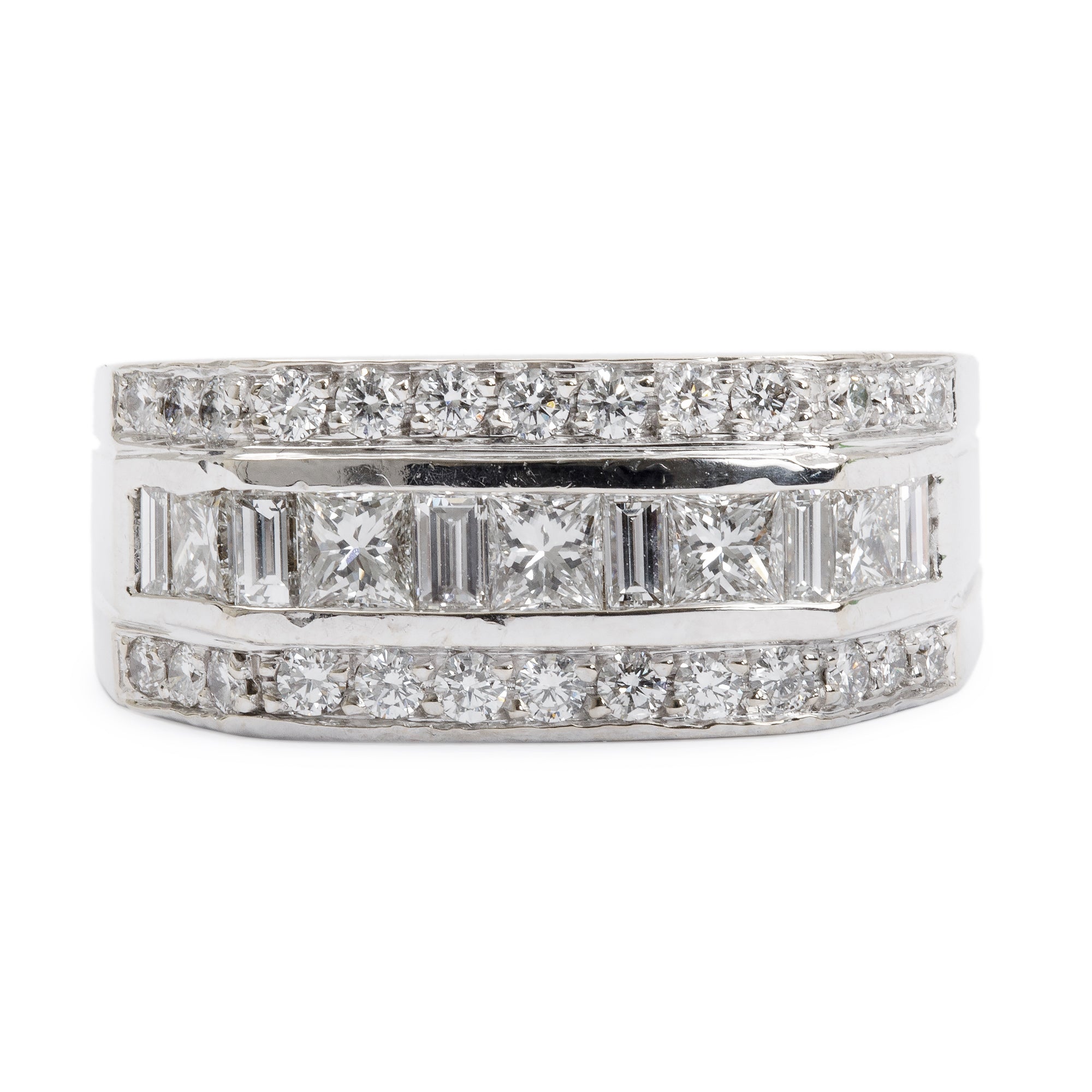 18k White Gold 3 Rows Diamond Cocktail Ring, Size 10