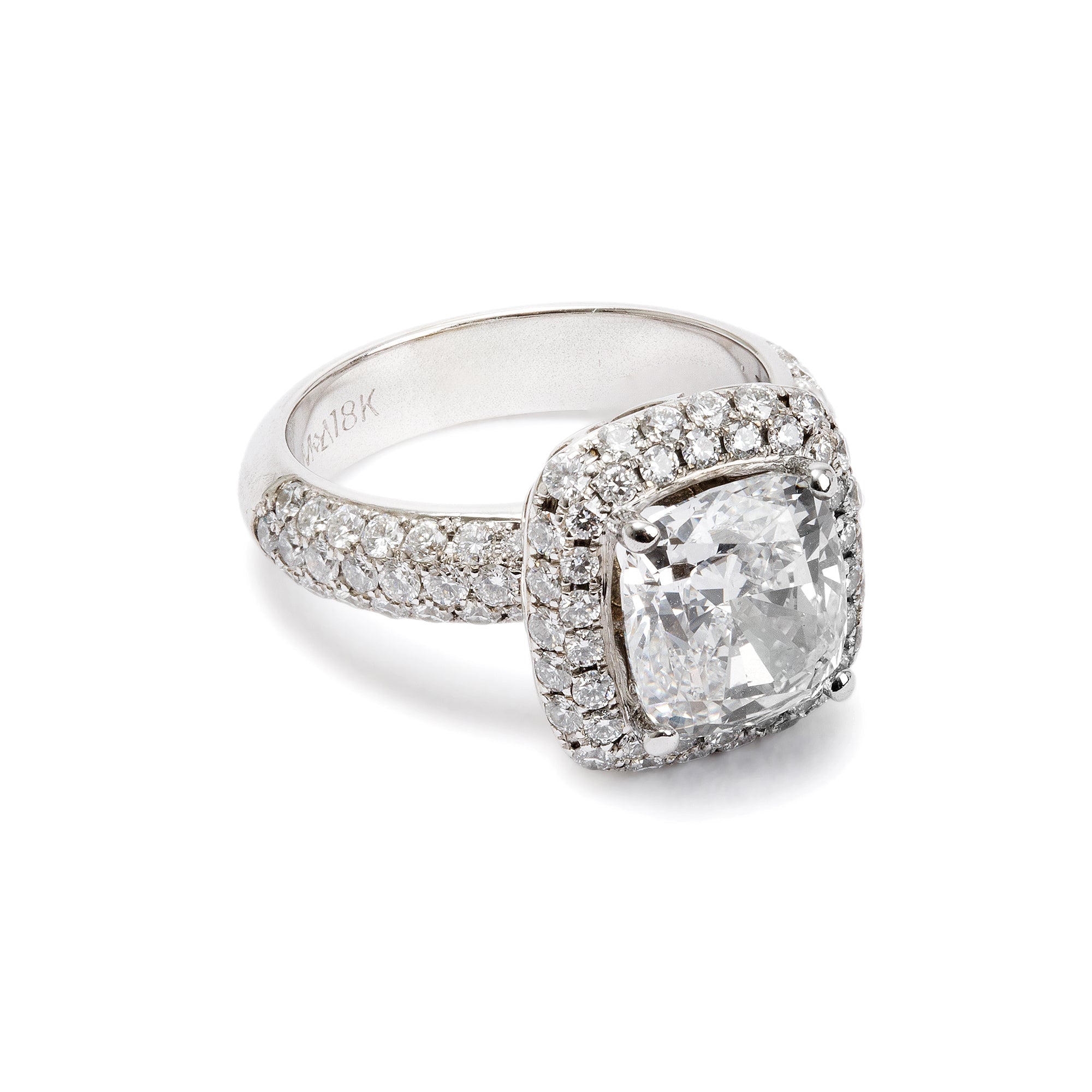 18k White Gold 3.01 ct. Cushion Cut Diamond Engagement Ring, Size 5.25 w/ GIA Diamond Certificate