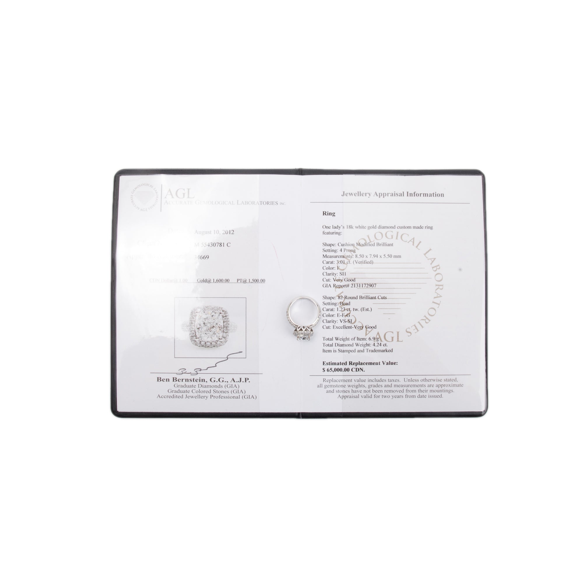 18k White Gold 3.01 ct. Cushion Cut Diamond Engagement Ring, Size 5.25 w/ GIA Diamond Certificate