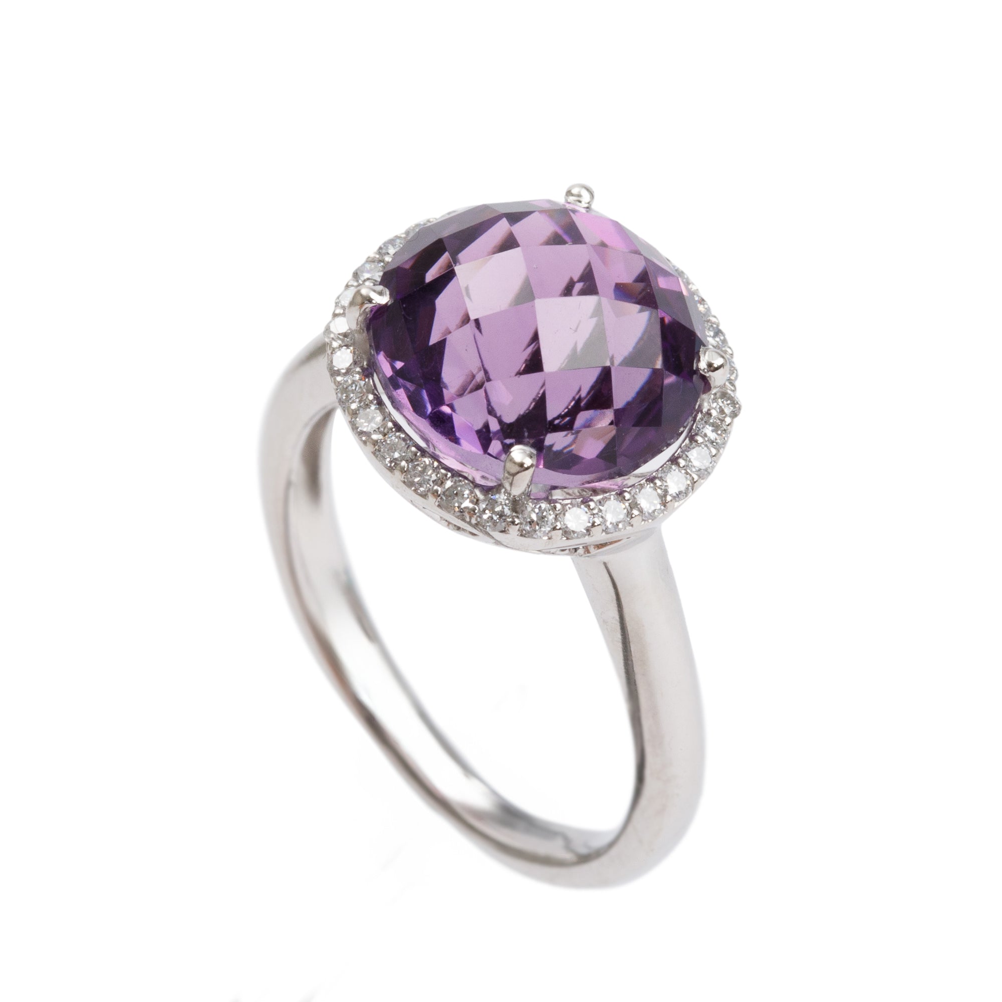 18k White Gold Amethyst & Diamond Cocktail Ring, Size 6
