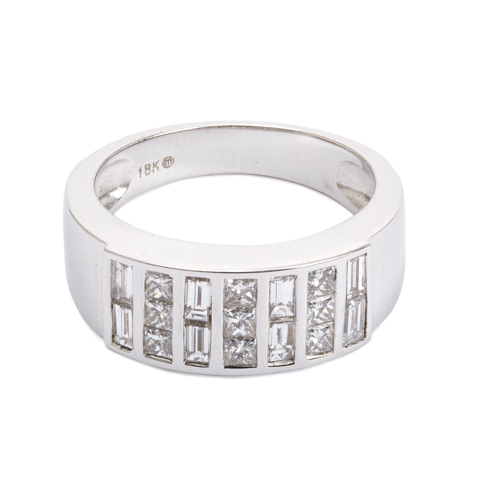 18k White Gold Baguette & Round Brilliant Cut 1.00 tcw. Diamond Ring, Size 6.5