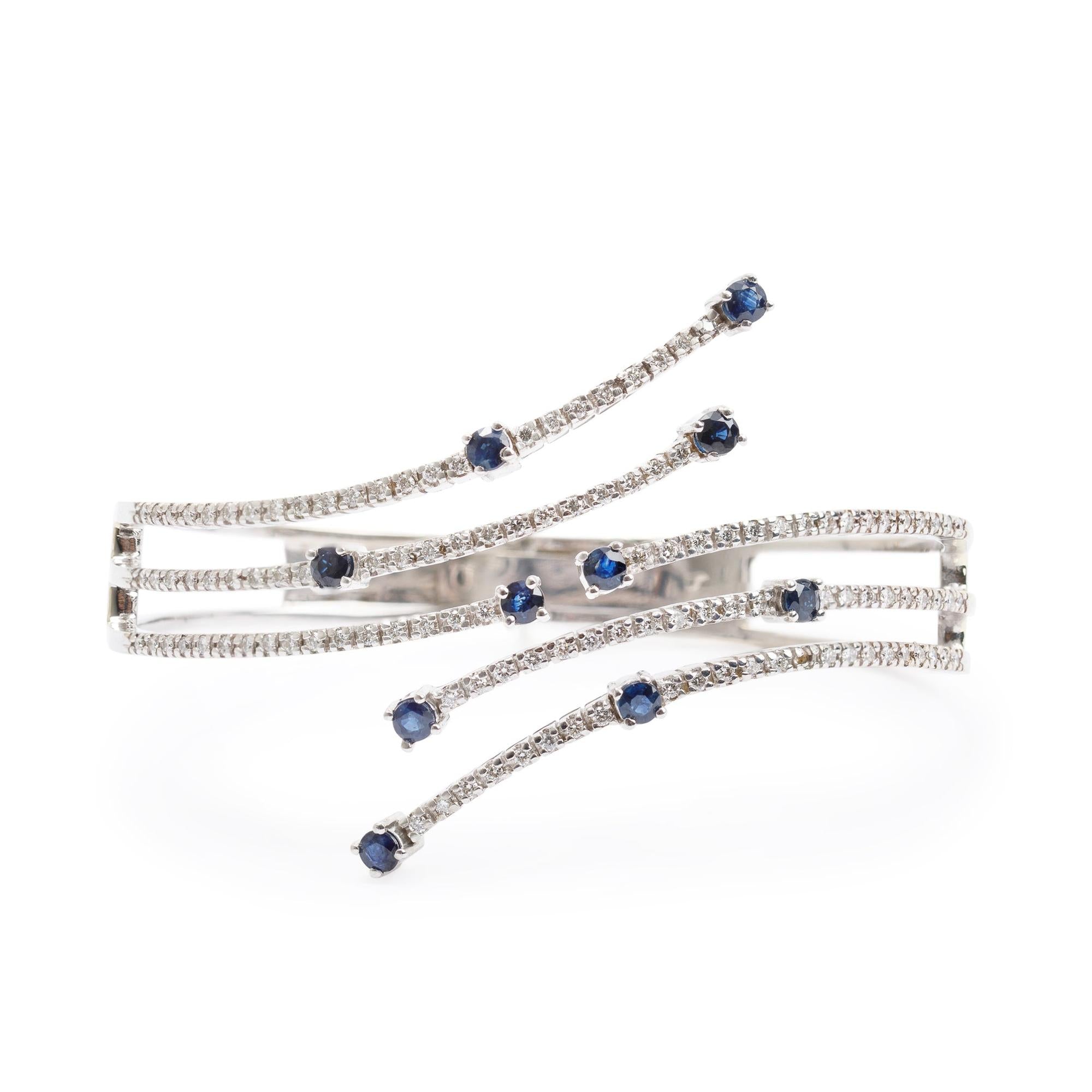 18k White Gold Blue Sapphire and Diamond Hinged Bangle Bracelet