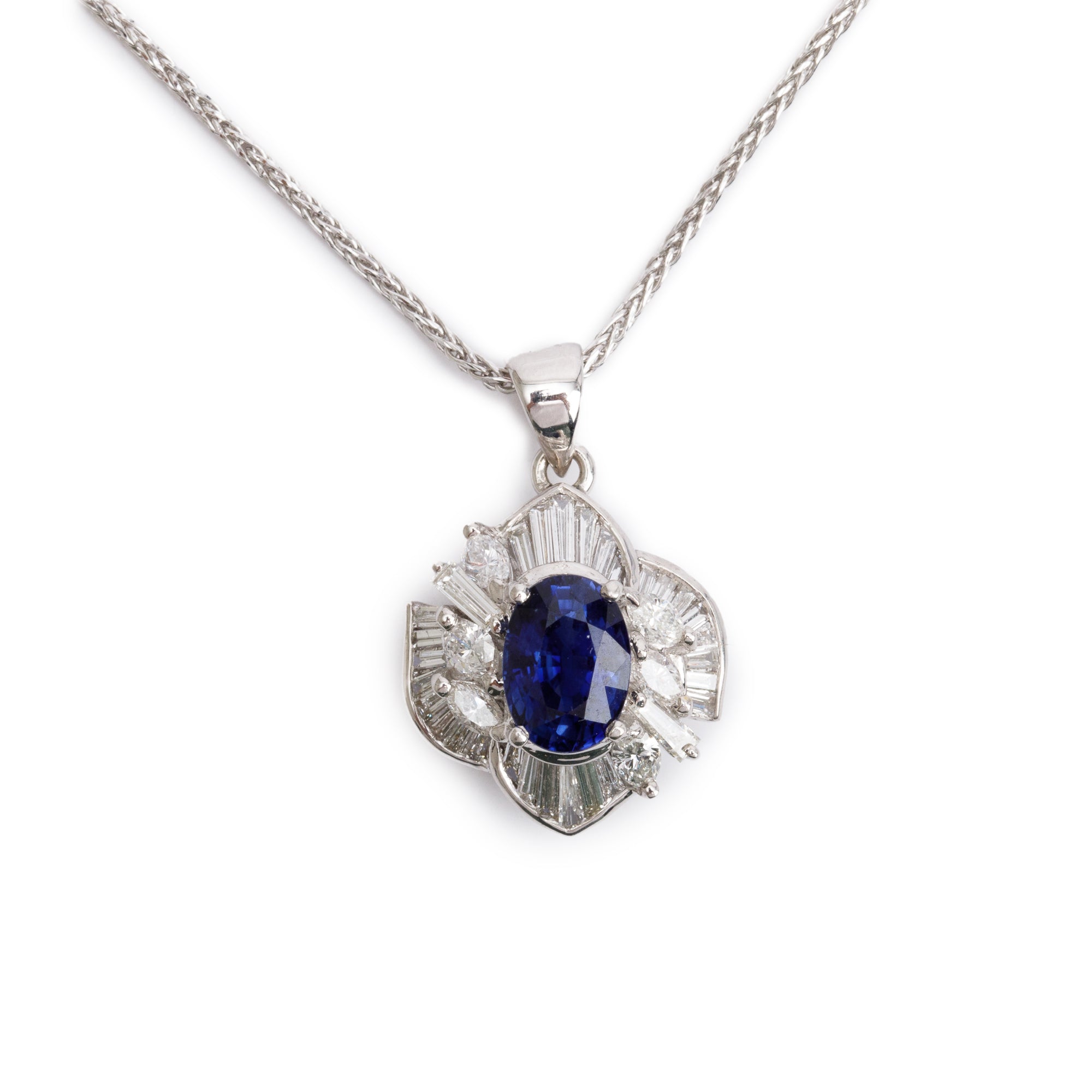 18k White Gold Blue Sapphire and Diamond Pendant Necklace