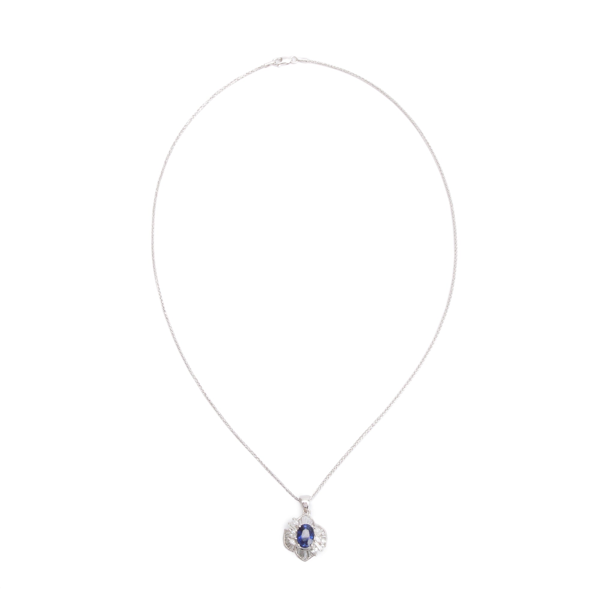 18k White Gold Blue Sapphire and Diamond Pendant Necklace