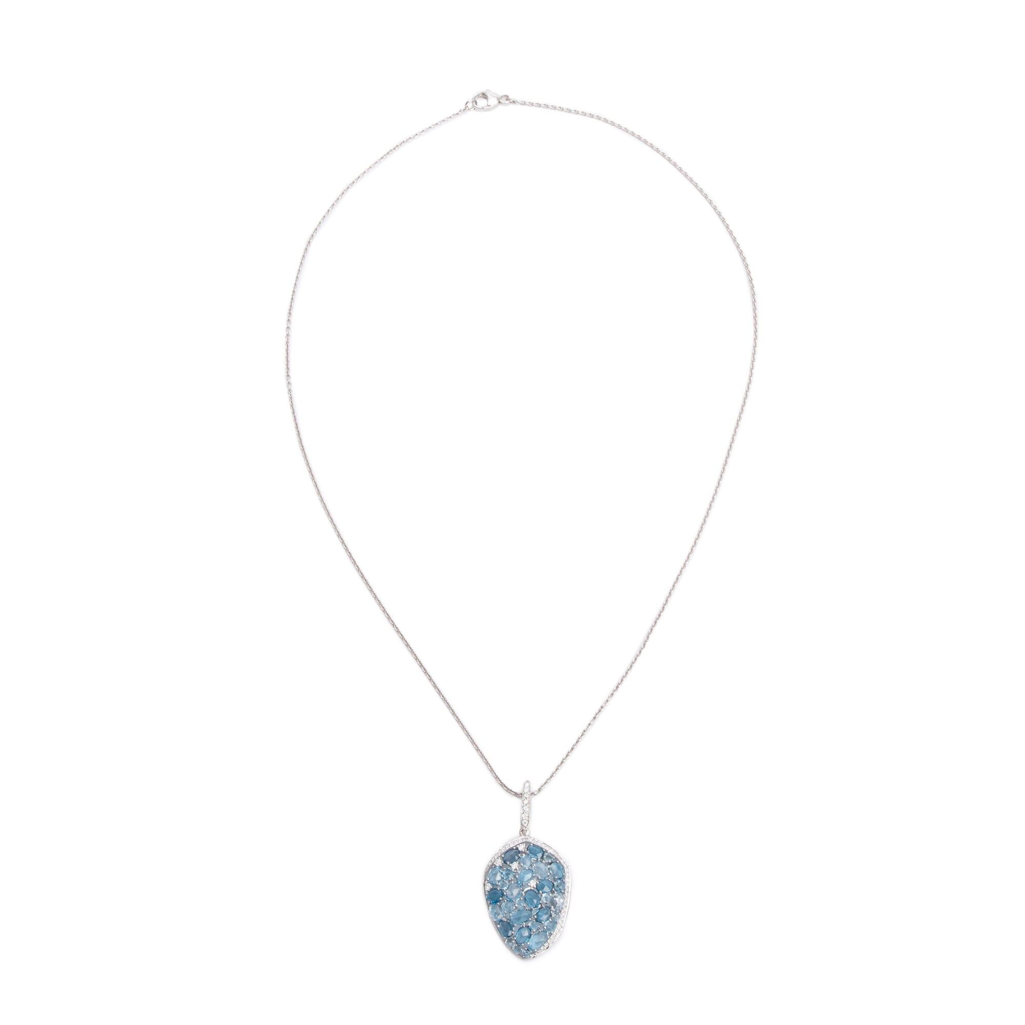 18k White Gold Blue Topaz & Diamond Pendant Necklace