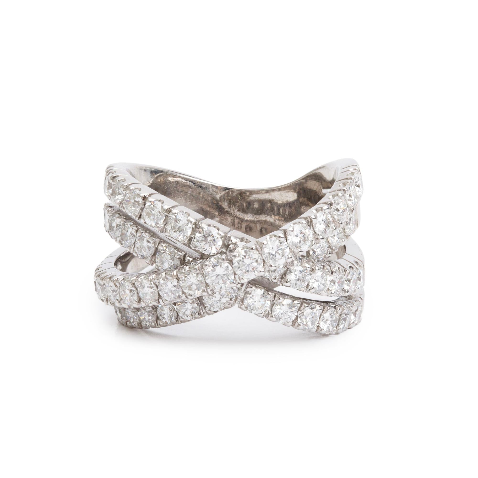 18k White Gold Diamond Crossover Ring, Size 7.5