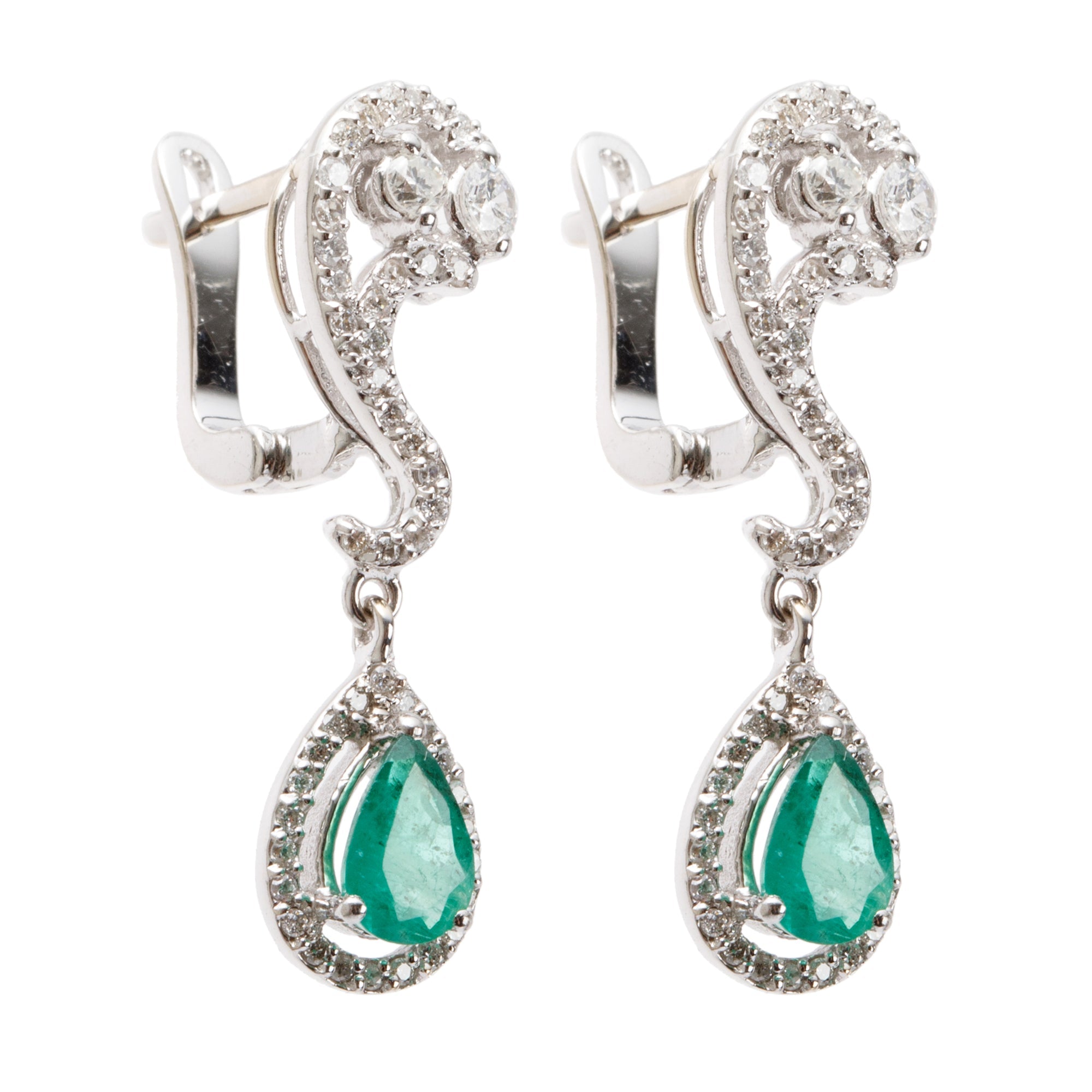 18k White Gold Emerald & Diamond Drop Earrings