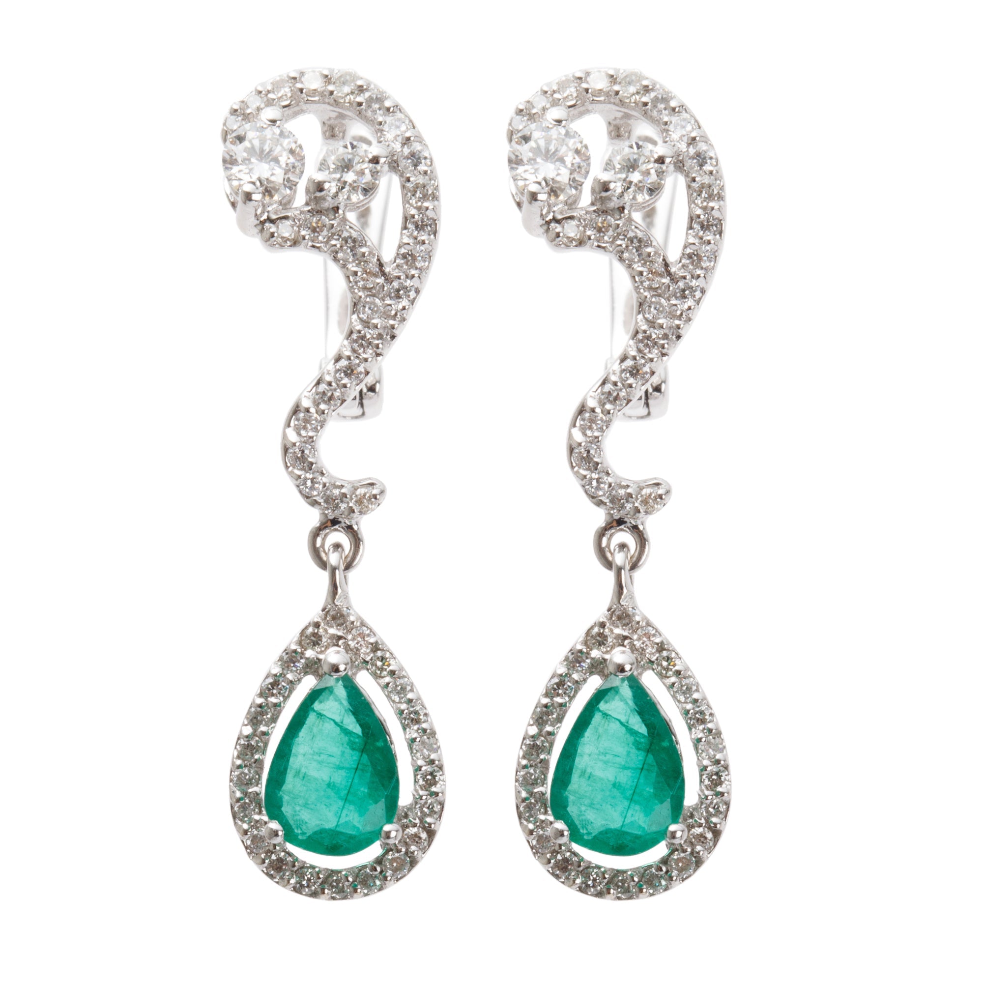 18k White Gold Emerald & Diamond Drop Earrings