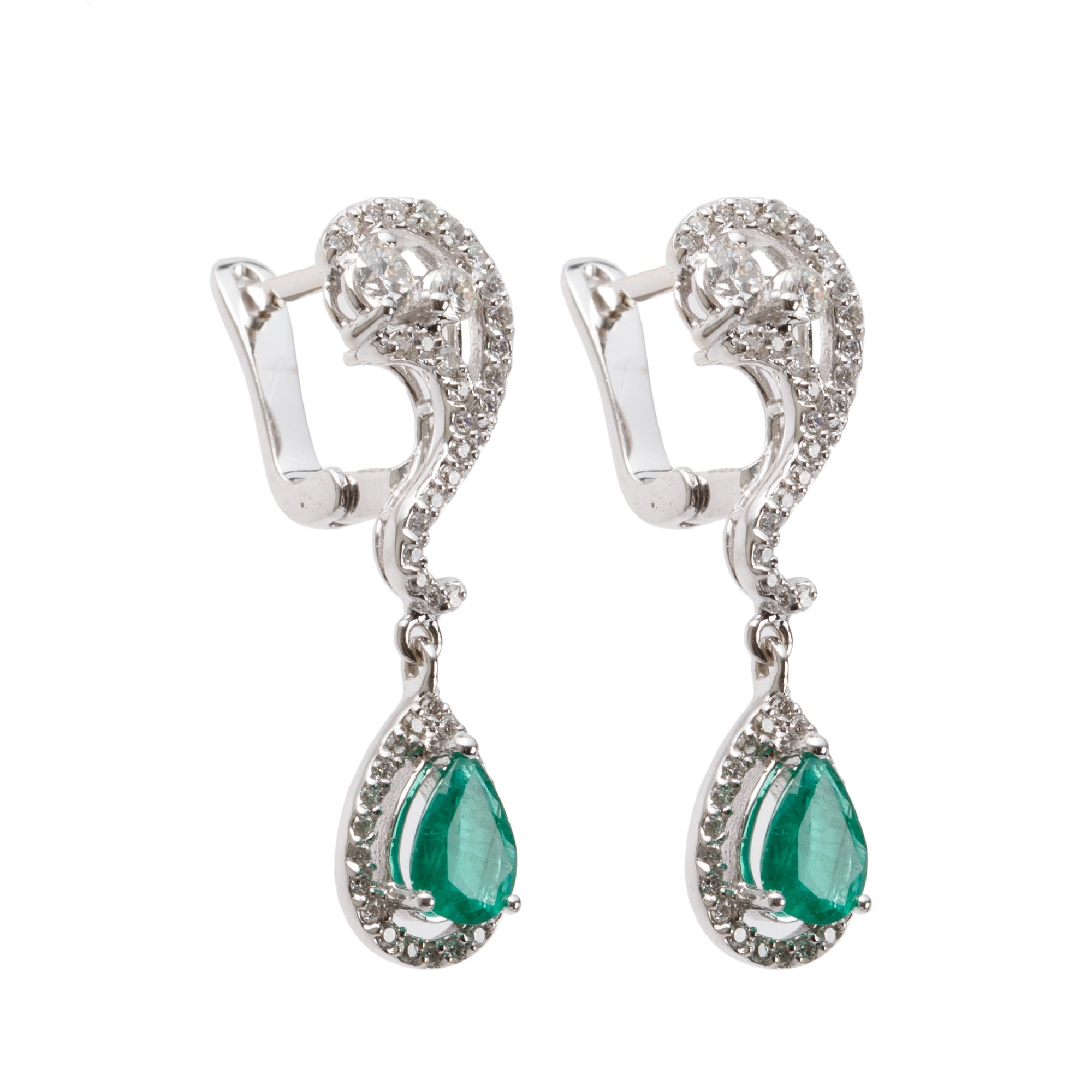 18k White Gold Emerald & Diamond Drop Earrings